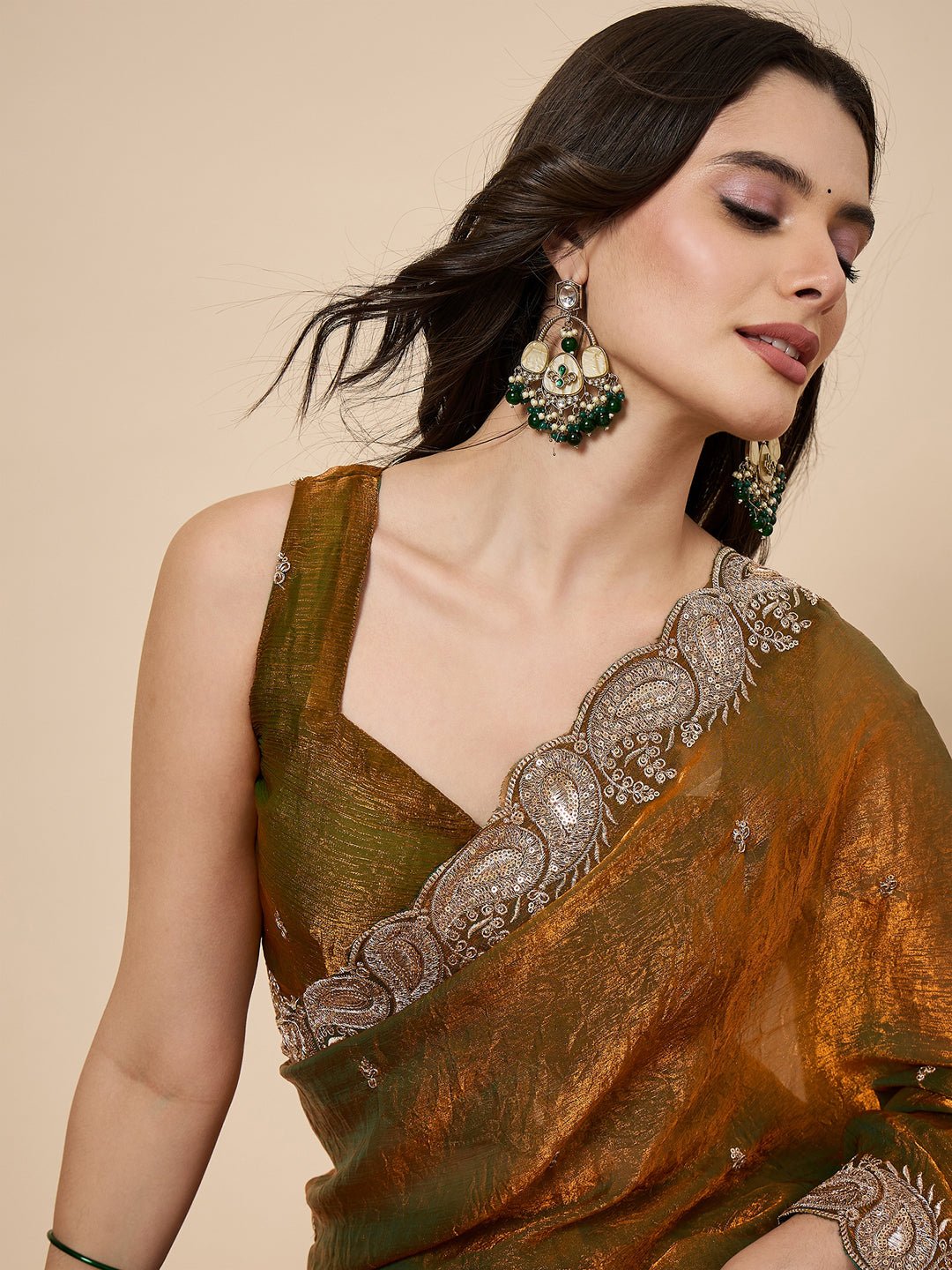 Mustard Olive Tissue Silk Saree with Zardozi Paisley Border - Ressa