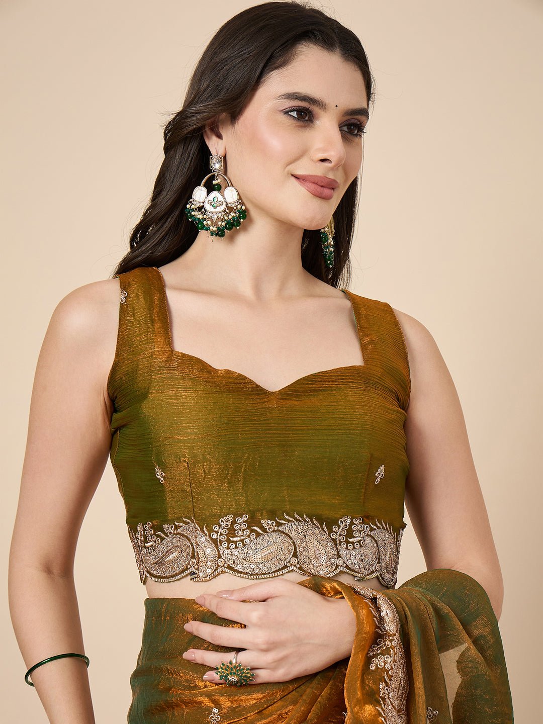 Mustard Olive Tissue Silk Saree with Zardozi Paisley Border - Ressa