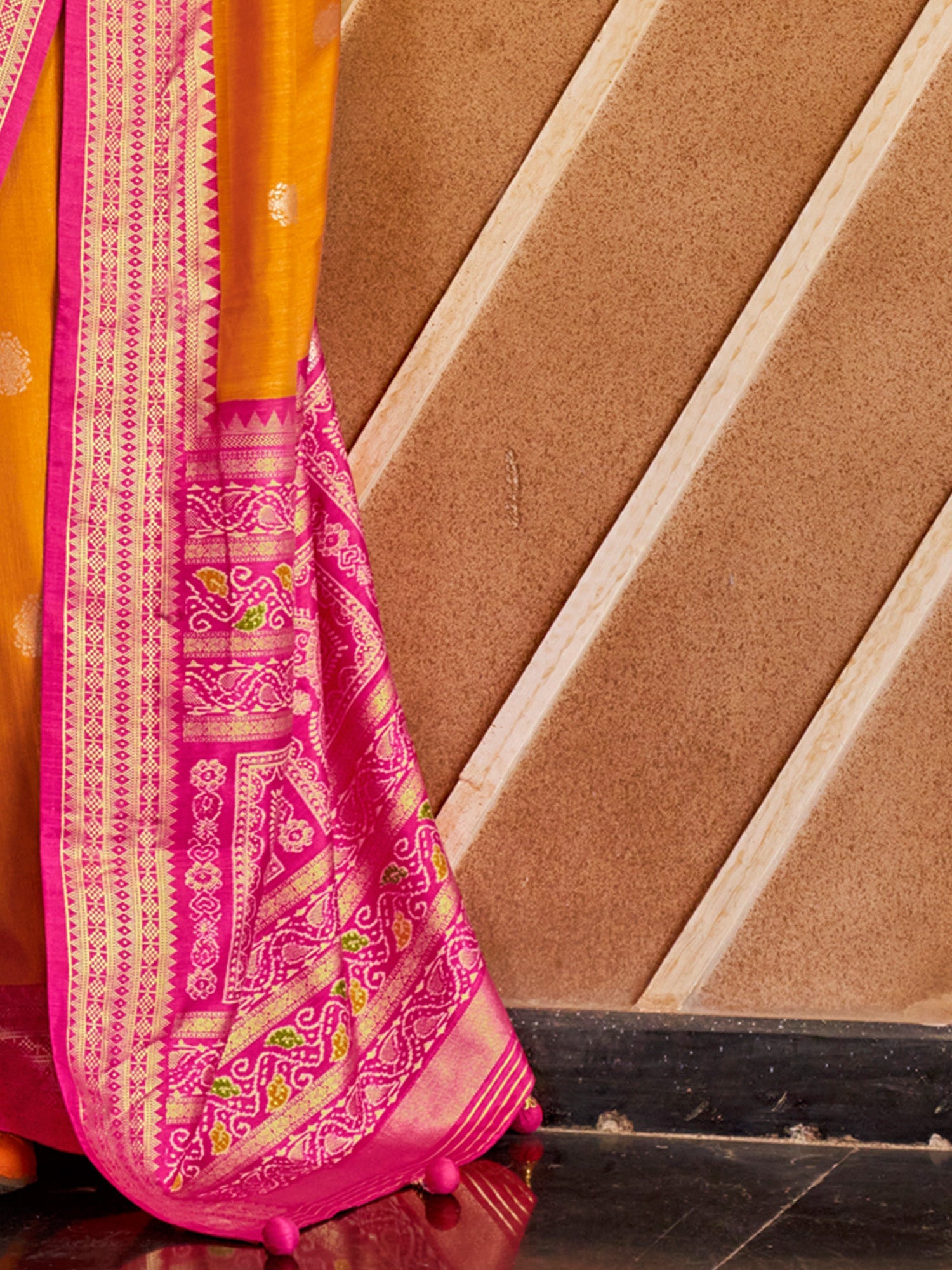 Mustard & Pink Patola Silk Saree with Bandhani Pallu - Ressa