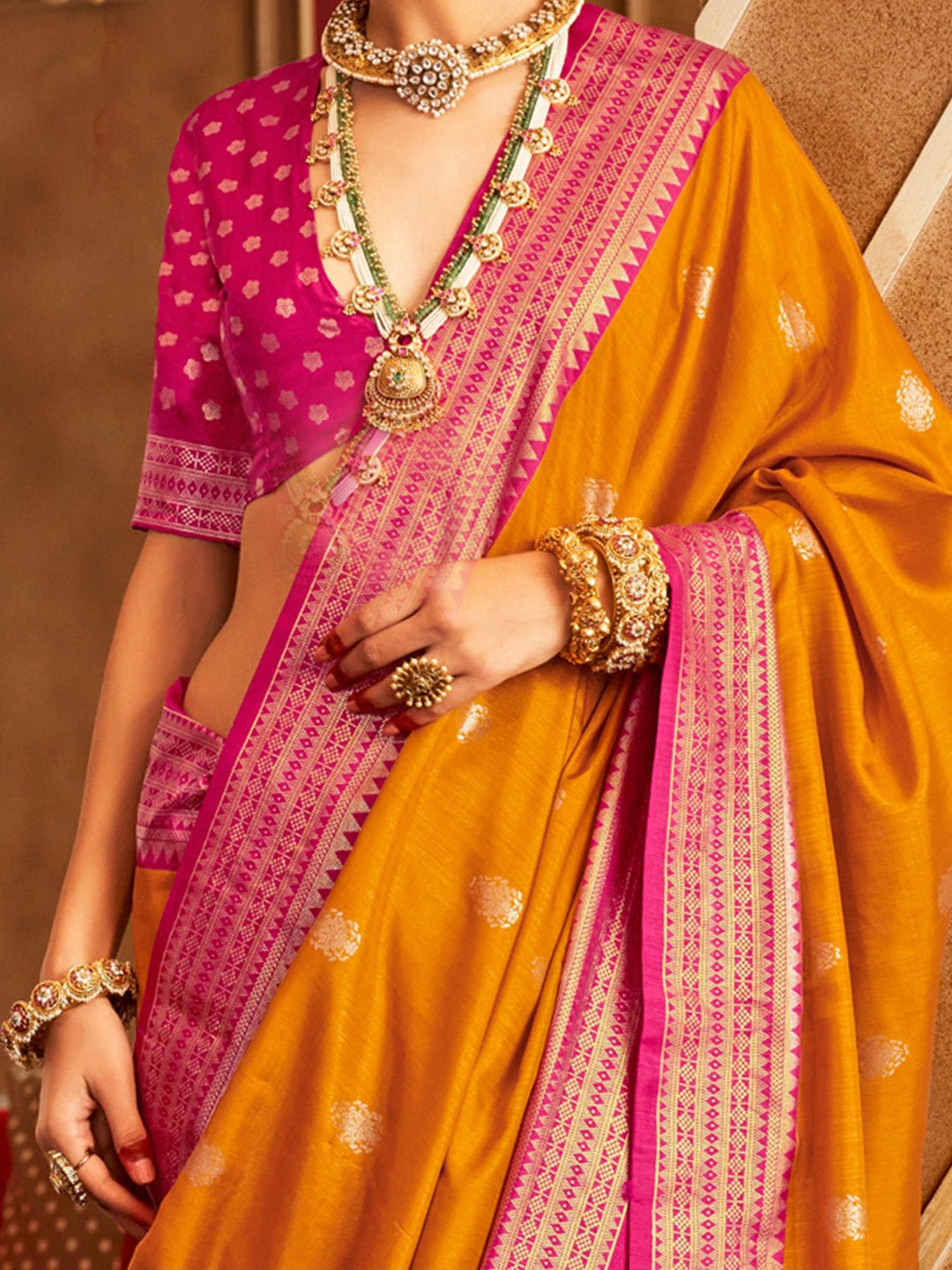 Mustard & Pink Patola Silk Saree with Bandhani Pallu - Ressa
