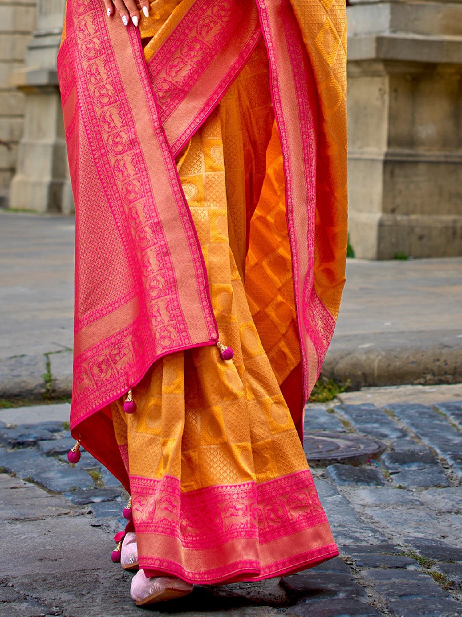 Mustard & Pink Silk Blend Heritage Banarasi Style Saree - Ressa