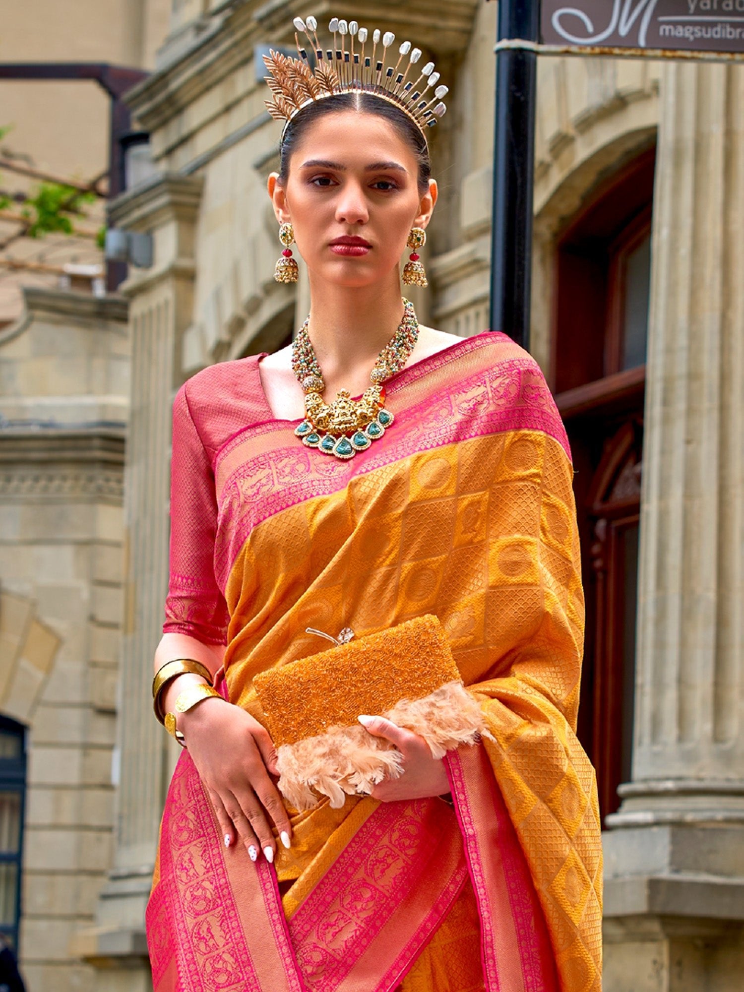 Mustard & Pink Silk Blend Heritage Banarasi Style Saree - Ressa