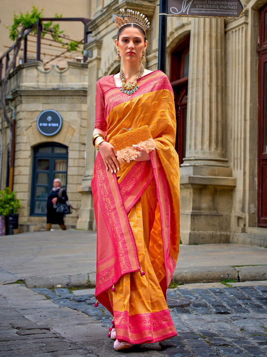 Mustard & Pink Silk Blend Heritage Banarasi Style Saree - Ressa