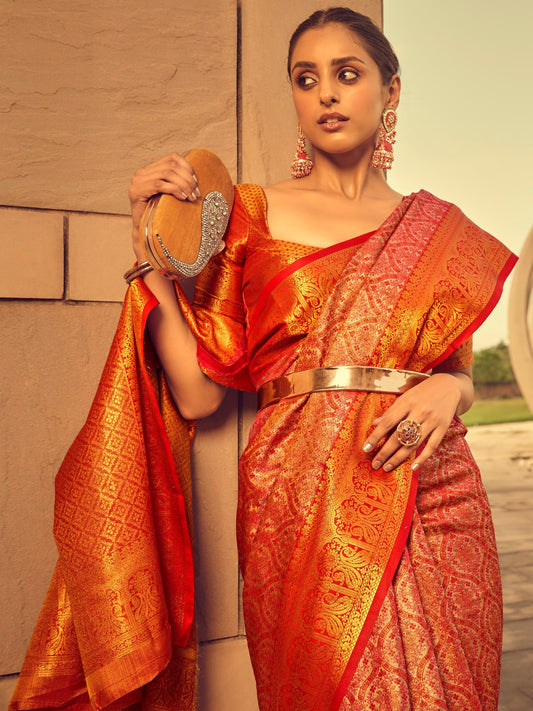 Mustard & Red Silk Blend Heritage Banarasi Style Zari Woven Saree - Ressa