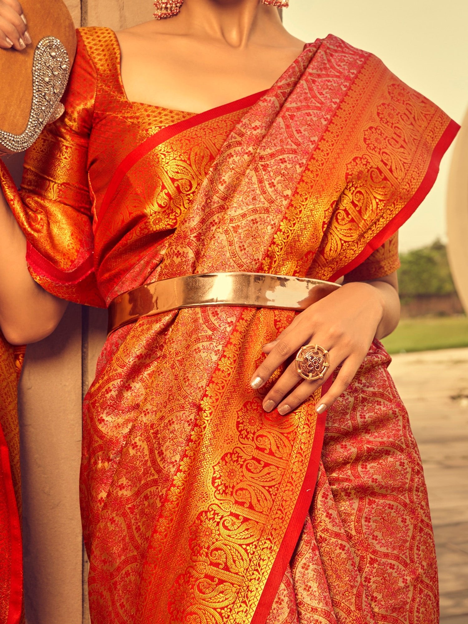 Mustard & Red Silk Blend Heritage Banarasi Style Zari Woven Saree - Ressa