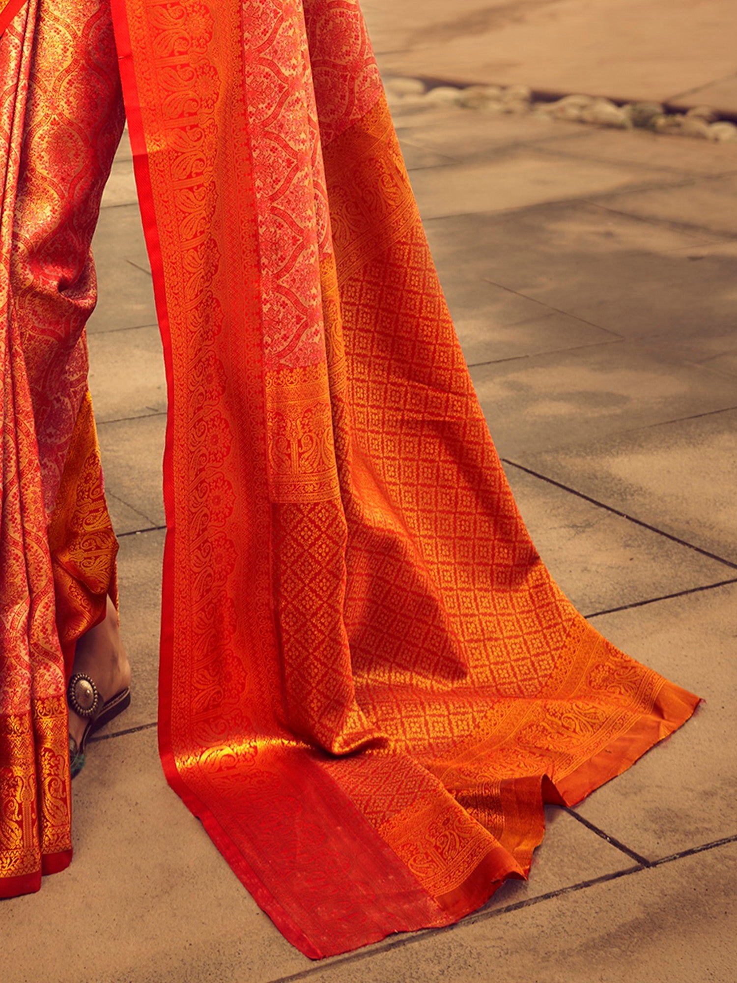 Mustard & Red Silk Blend Heritage Banarasi Style Zari Woven Saree - Ressa