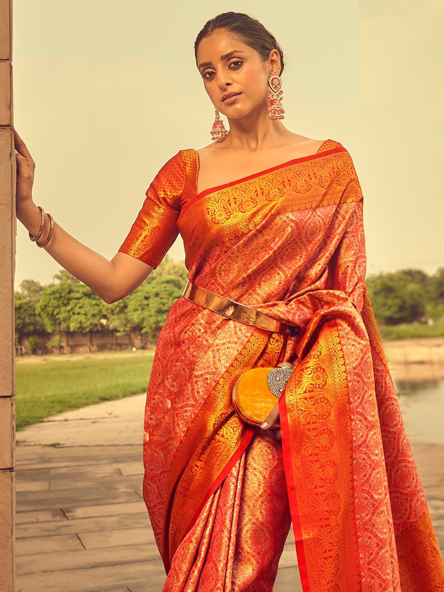 Mustard & Red Silk Blend Heritage Banarasi Style Zari Woven Saree - Ressa