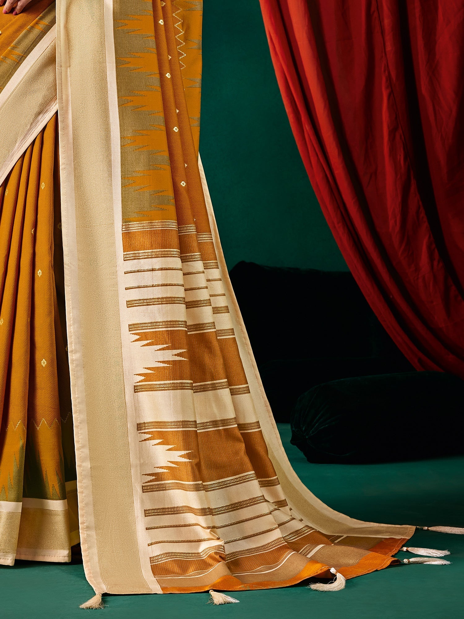 Mustard Silk Saree with Ikat Weave & Ivory Pallu - Ressa