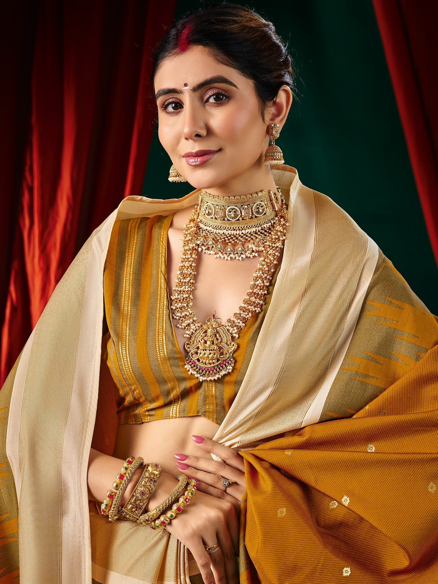 Mustard Silk Saree with Ikat Weave & Ivory Pallu - Ressa