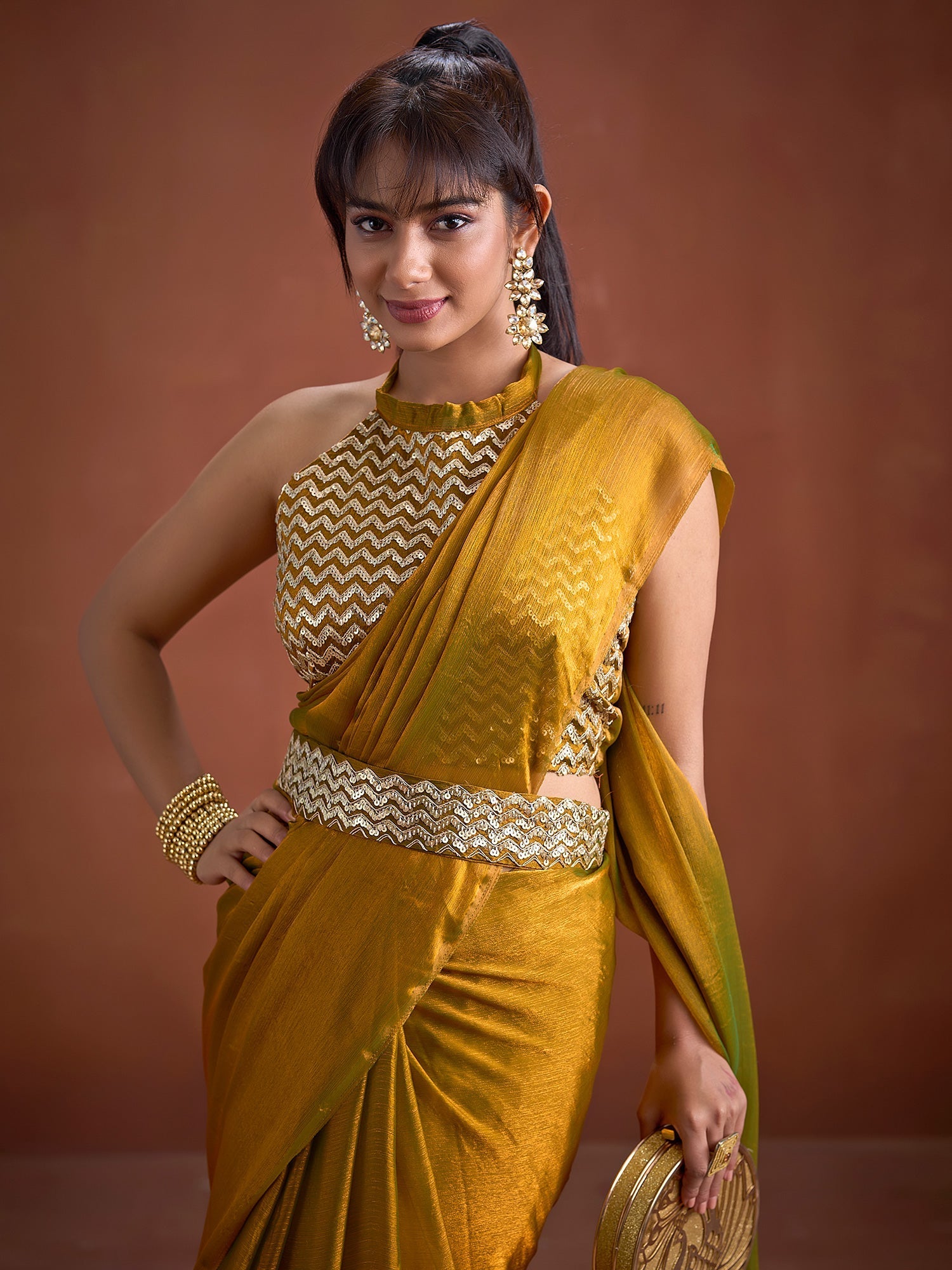 Mustard Silk Saree with Sequin Halter Blouse & Belt - Ressa