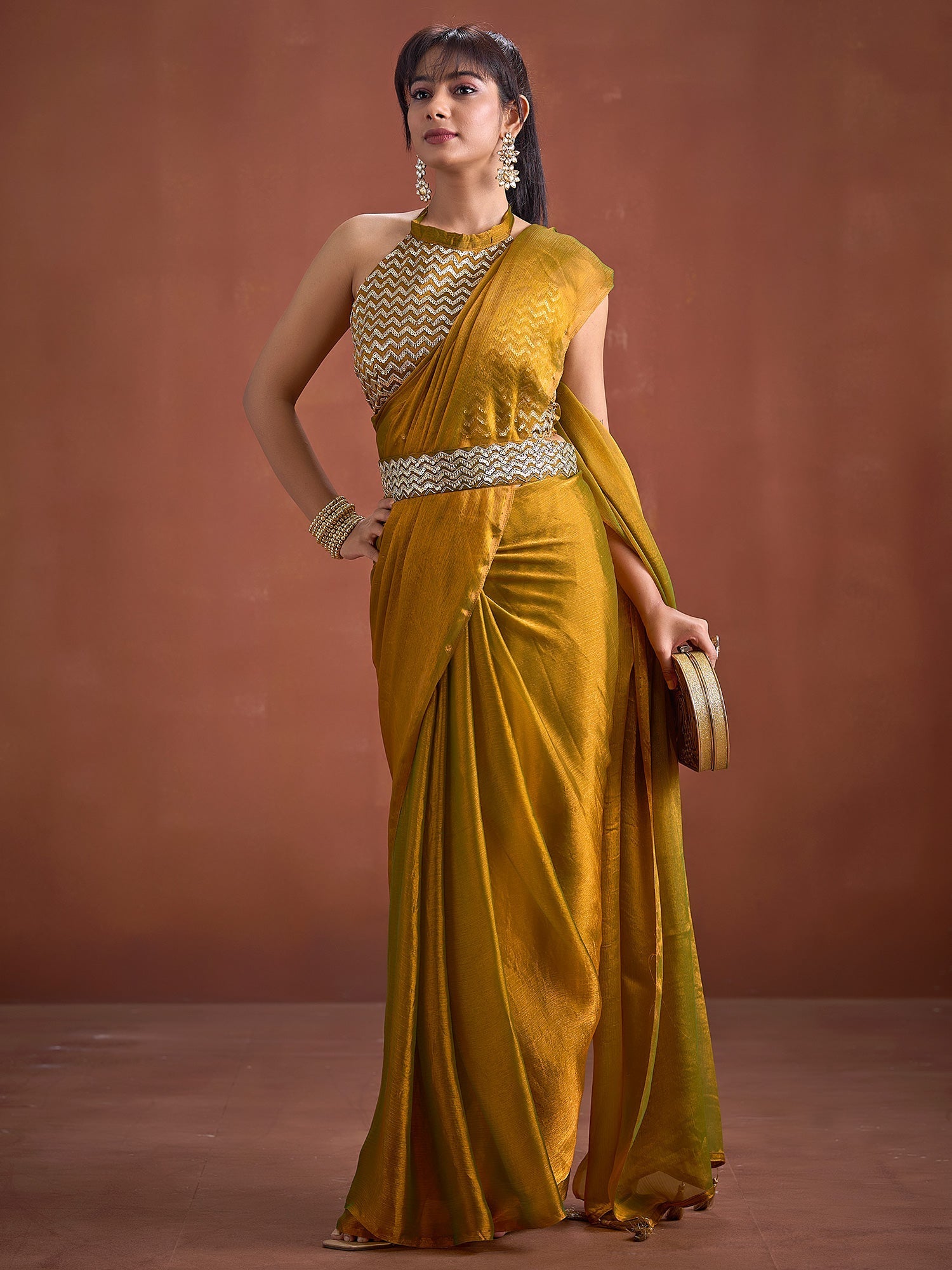 Mustard Silk Saree with Sequin Halter Blouse & Belt - Ressa