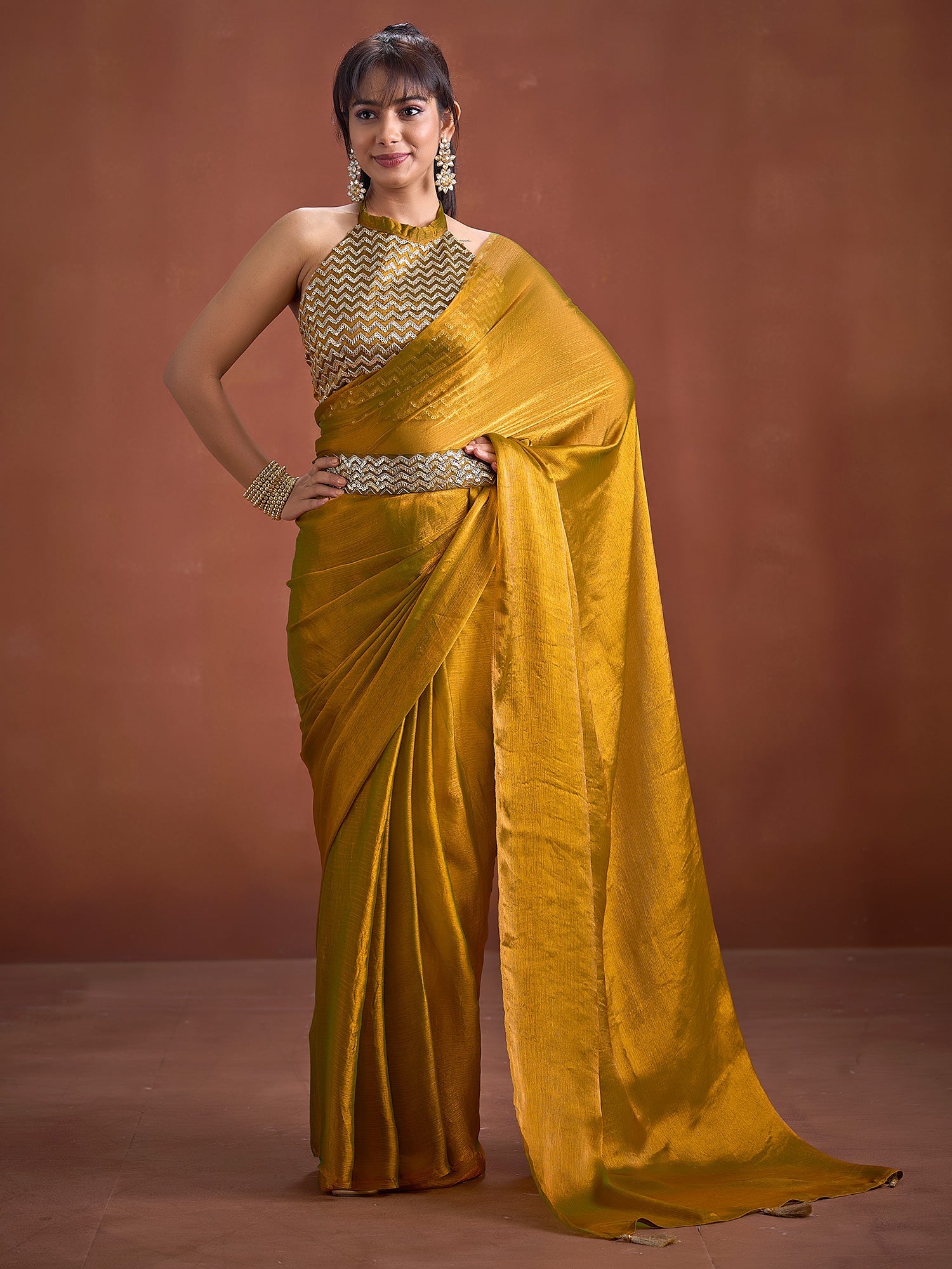 Mustard Silk Saree with Sequin Halter Blouse & Belt - Ressa