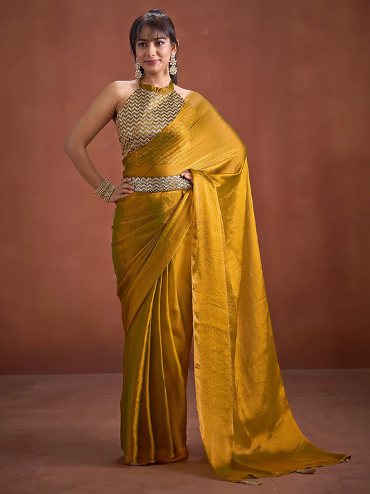 Mustard Silk Saree with Sequin Halter Blouse & Belt - Ressa