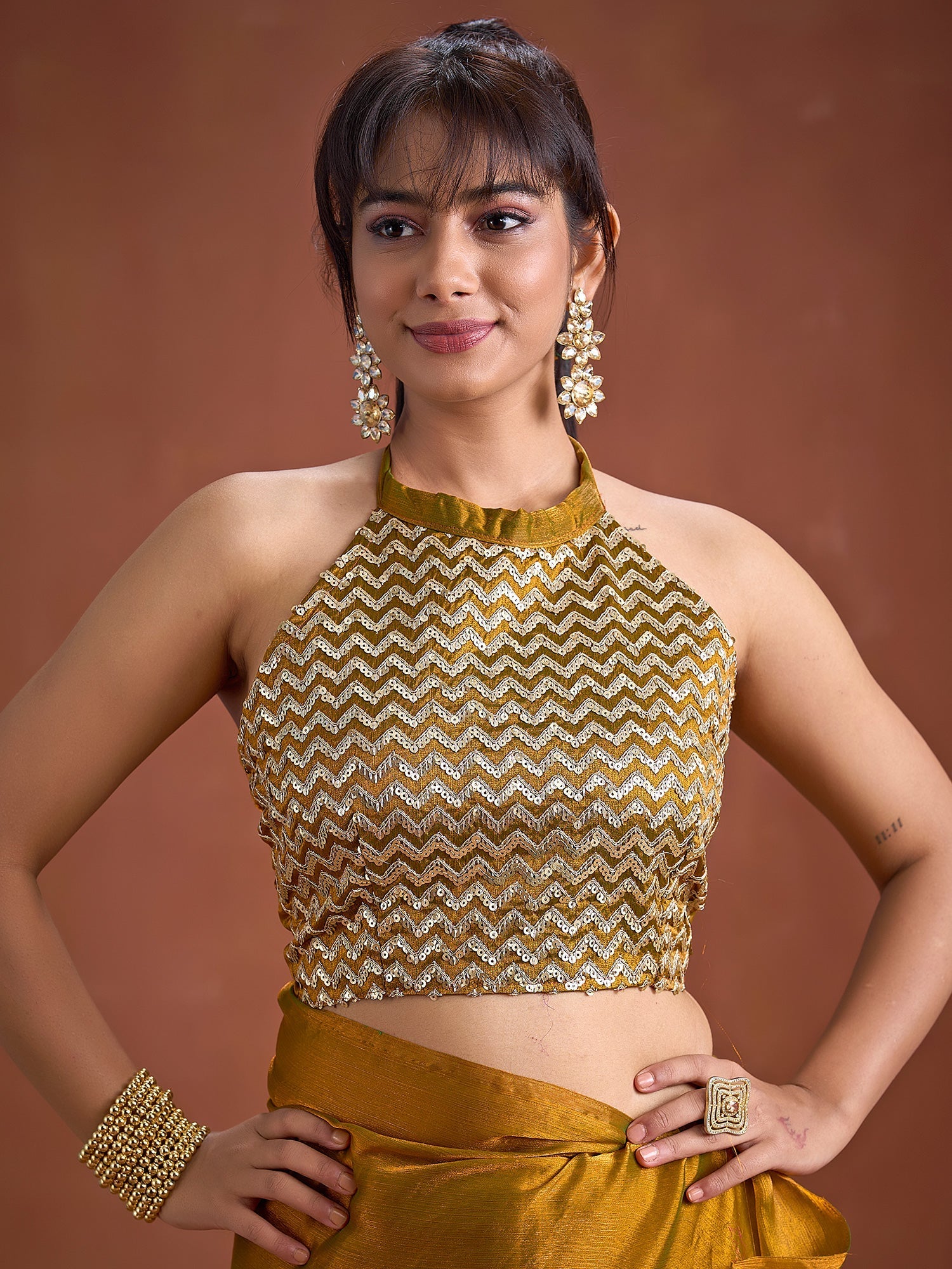 Mustard Silk Saree with Sequin Halter Blouse & Belt - Ressa