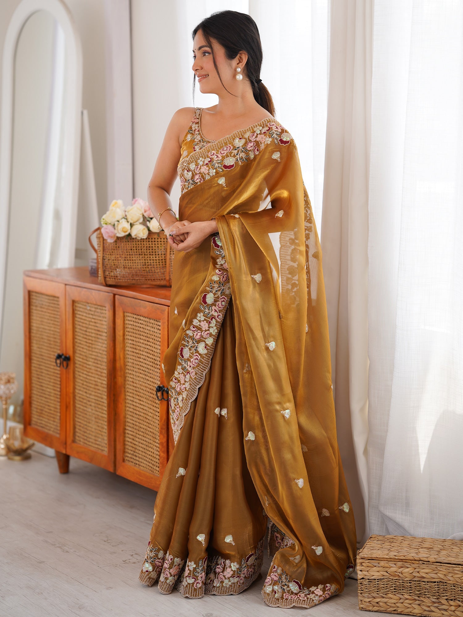 Mustard Tissue Saree with Floral Border - Ressa
