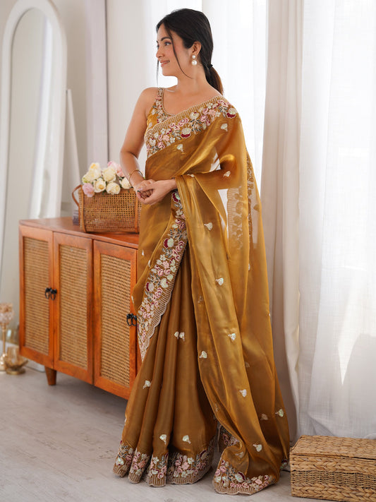 Mustard Tissue Saree with Floral Border - Ressa