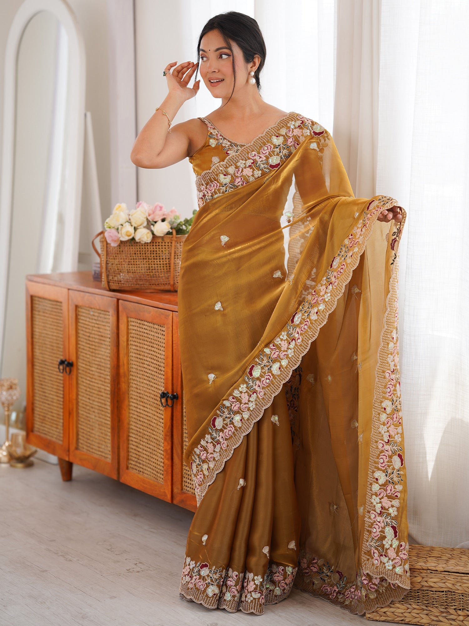 Mustard Tissue Saree with Floral Border - Ressa