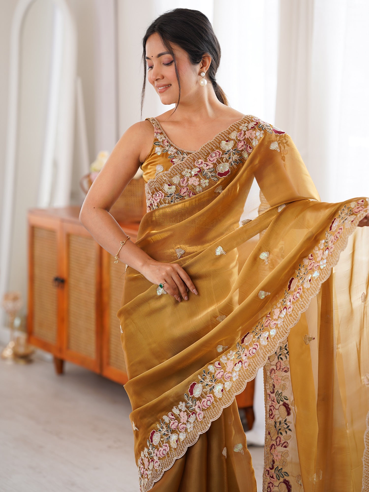 Mustard Tissue Saree with Floral Border - Ressa