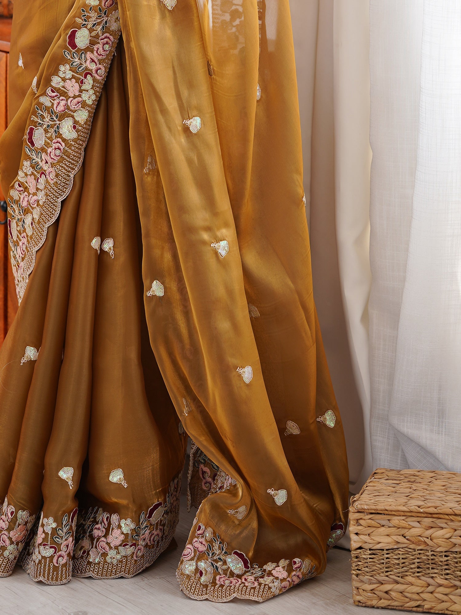 Mustard Tissue Saree with Floral Border - Ressa