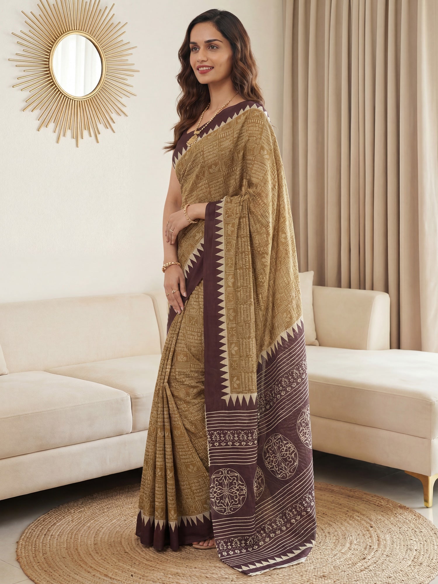 MUSTARD & WINE COTTON BLEND SAREE - Ressa