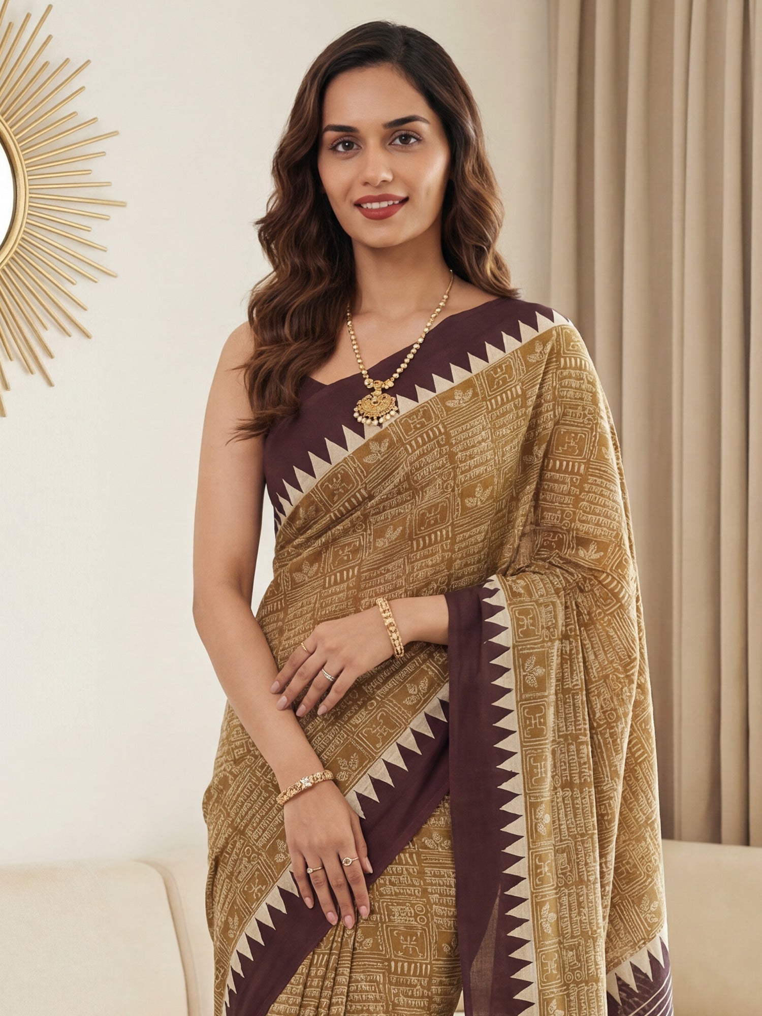 MUSTARD & WINE COTTON BLEND SAREE - Ressa