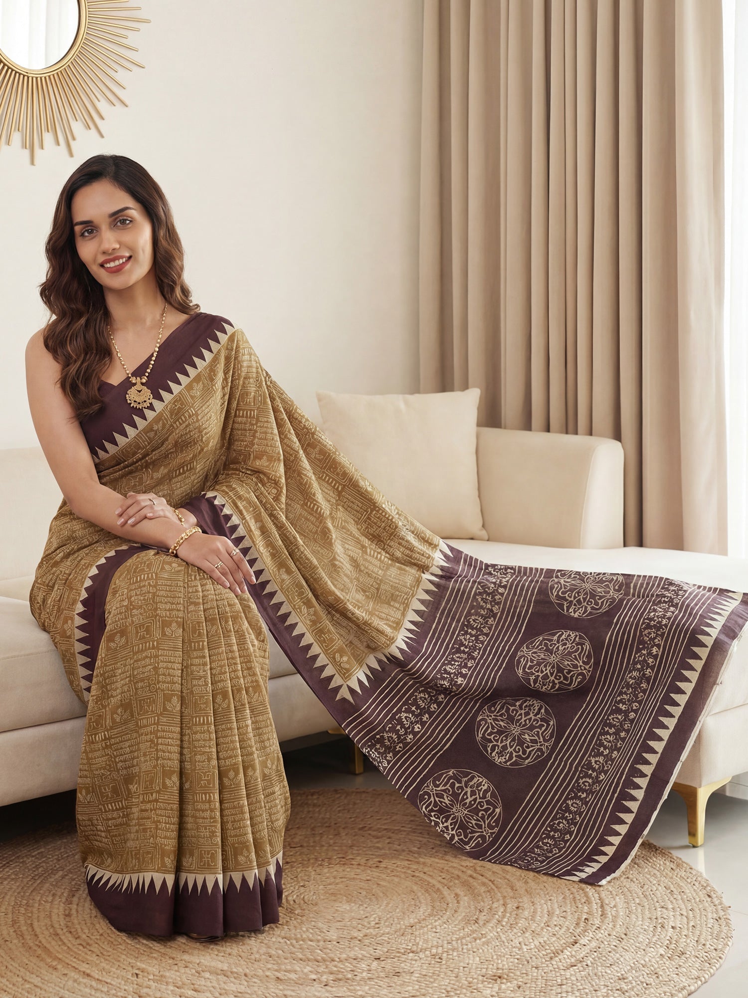 MUSTARD & WINE COTTON BLEND SAREE - Ressa