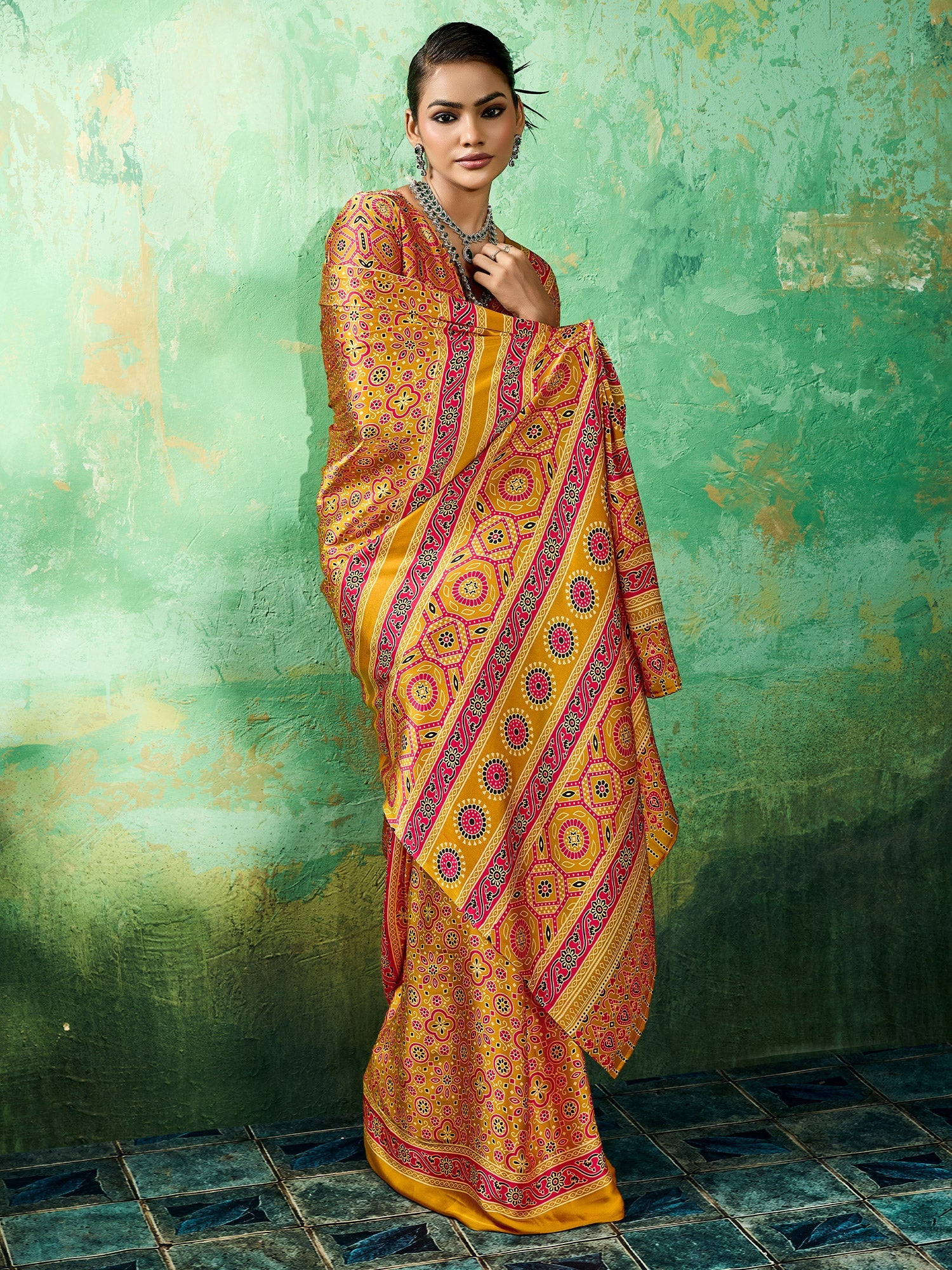 Mustard Yellow Ajrakh Block Print Saree - Ressa