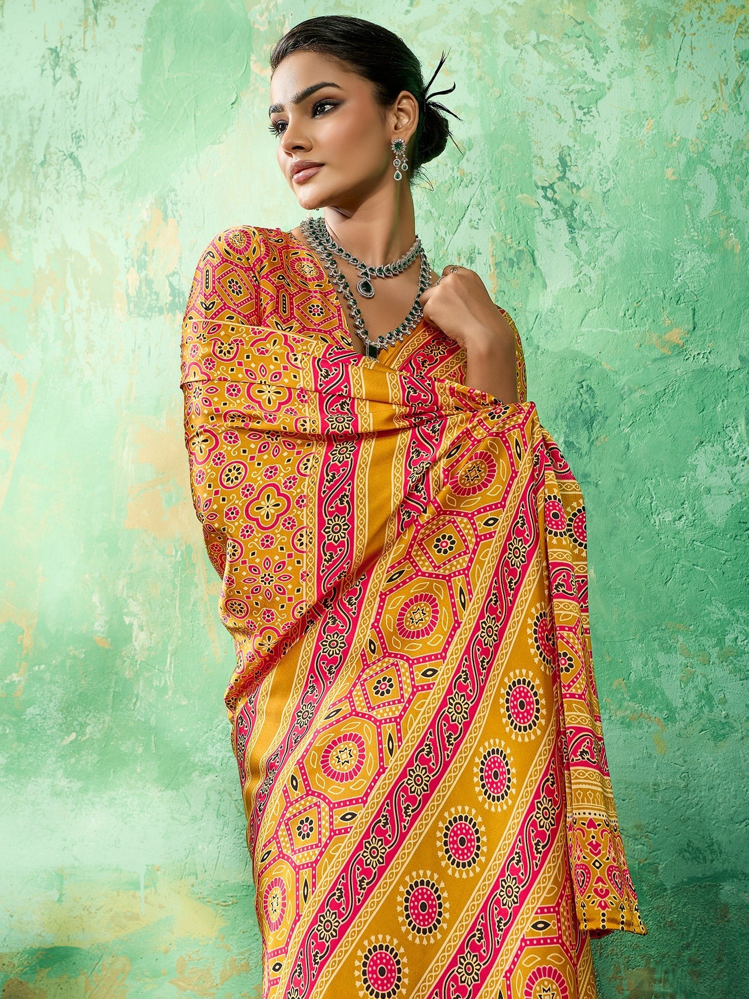Mustard Yellow Ajrakh Block Print Saree - Ressa