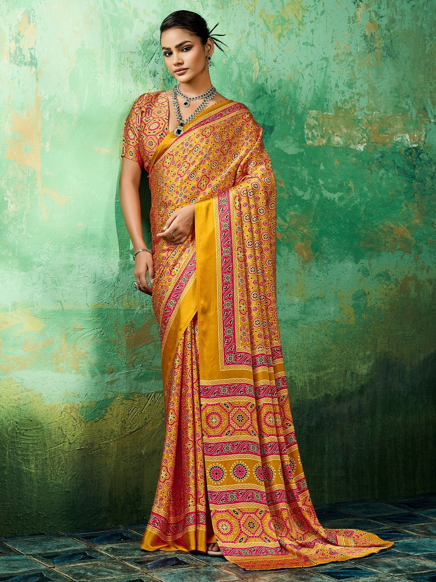 Mustard Yellow Ajrakh Block Print Saree - Ressa