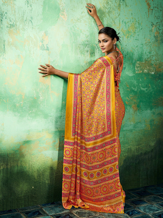 Mustard Yellow Ajrakh Block Print Saree - Ressa