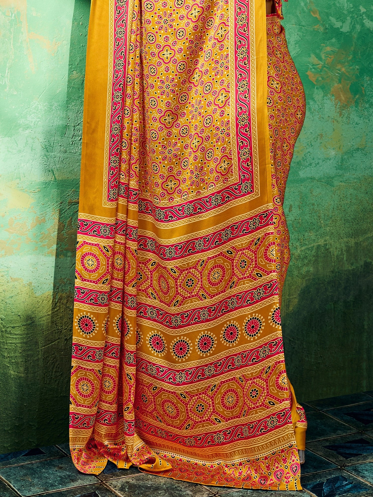 Mustard Yellow Ajrakh Block Print Saree - Ressa