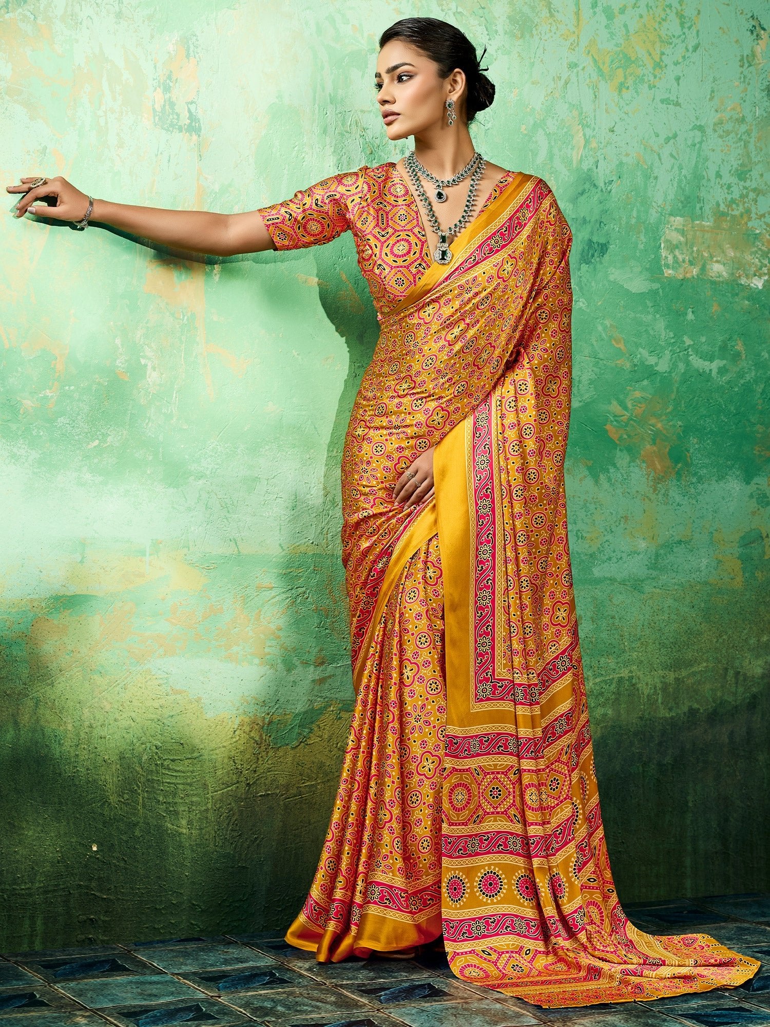 Mustard Yellow Ajrakh Block Print Saree - Ressa