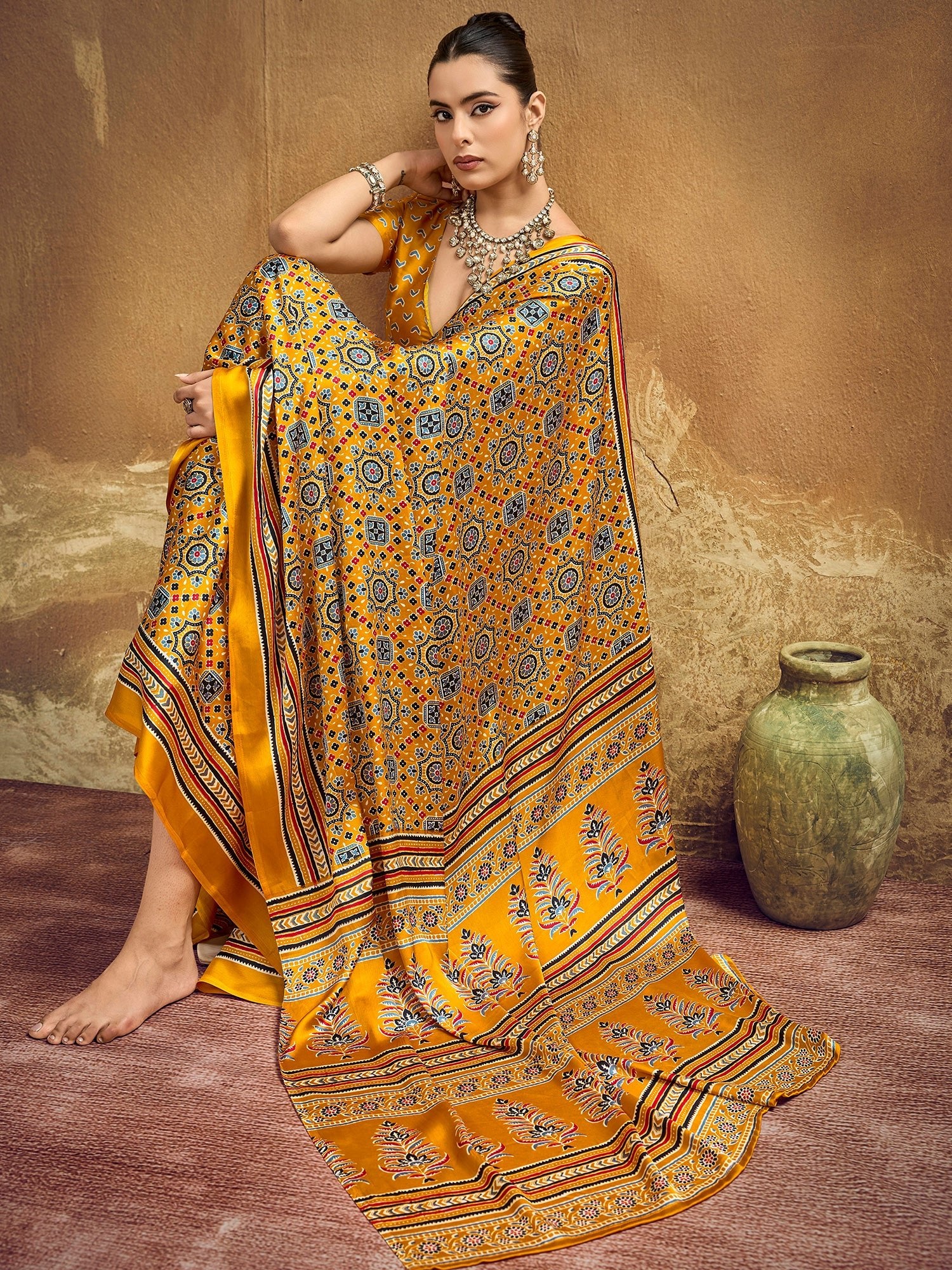 Mustard Yellow Ajrakh Print Satin Saree - Ressa