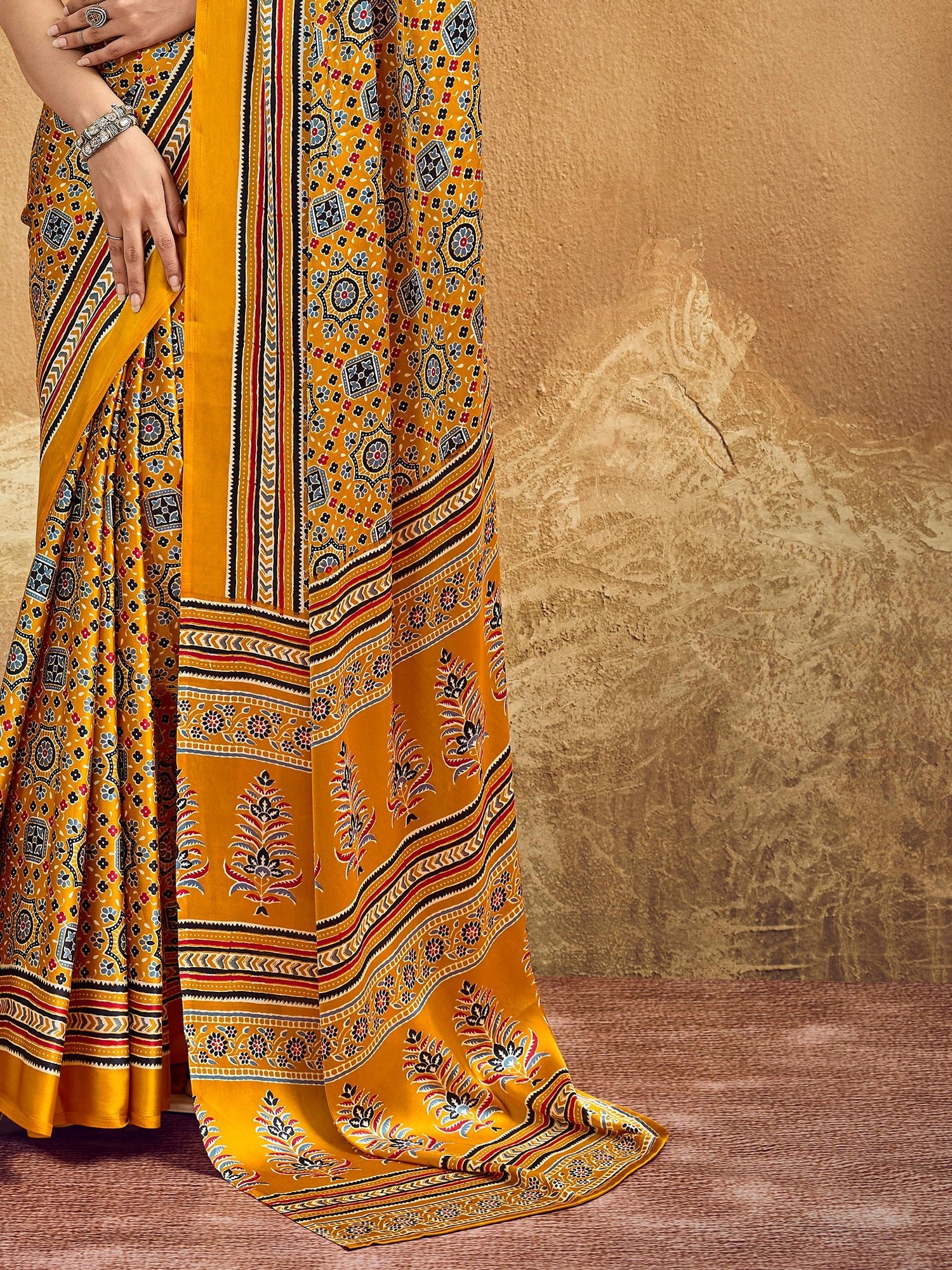 Mustard Yellow Ajrakh Print Satin Saree - Ressa