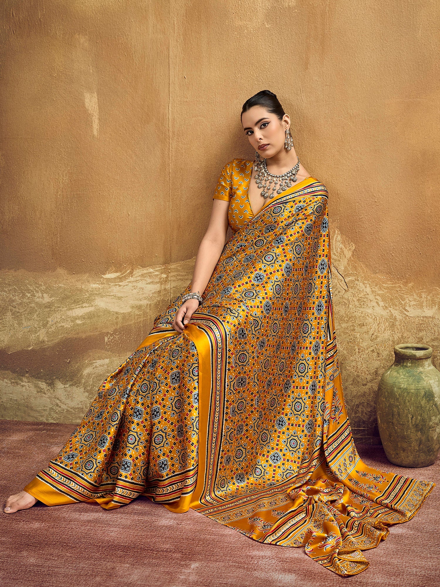 Mustard Yellow Ajrakh Print Satin Saree - Ressa
