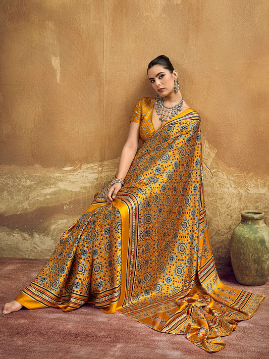 Mustard Yellow Ajrakh Print Satin Saree - Ressa