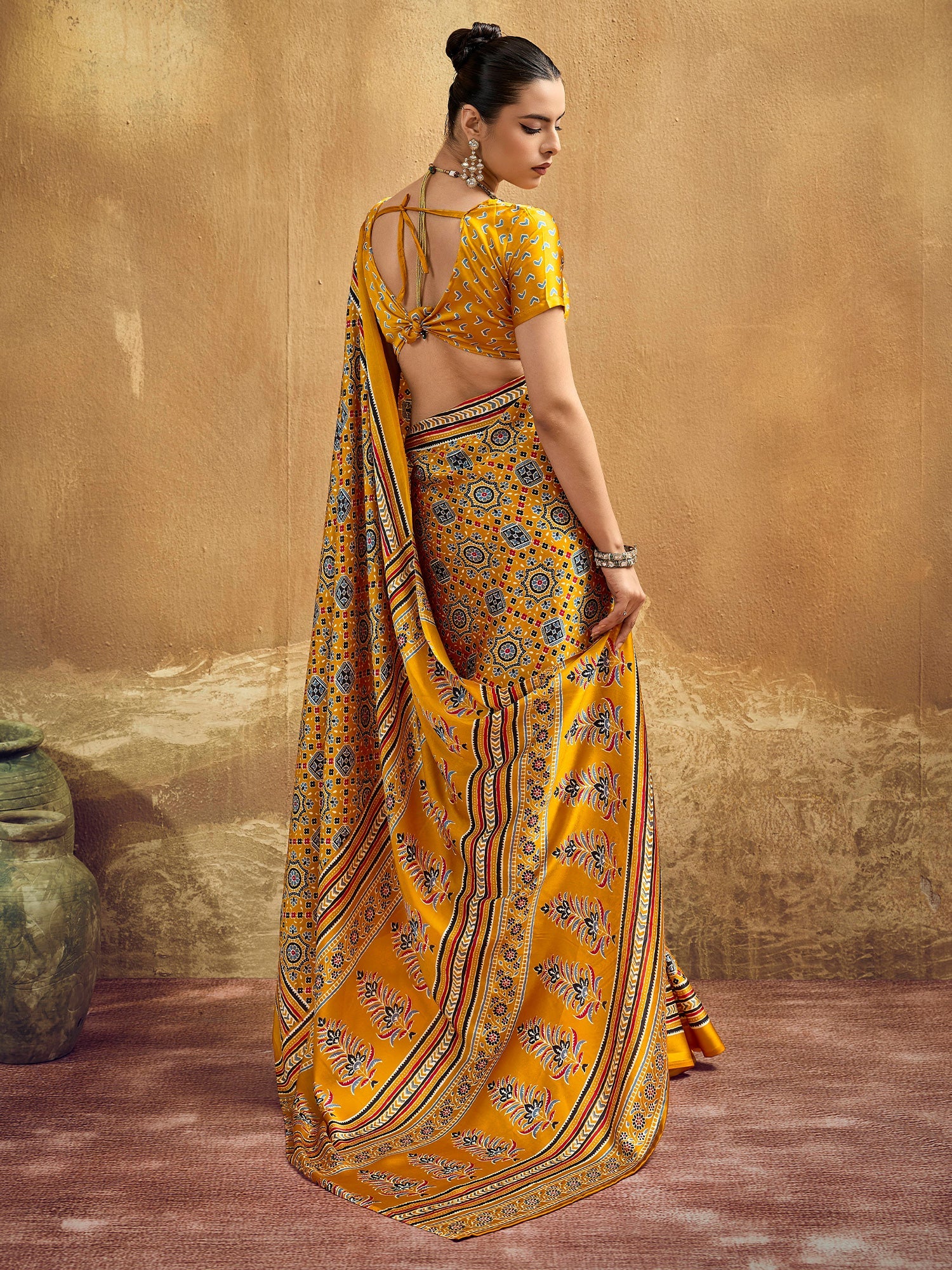 Mustard Yellow Ajrakh Print Satin Saree - Ressa