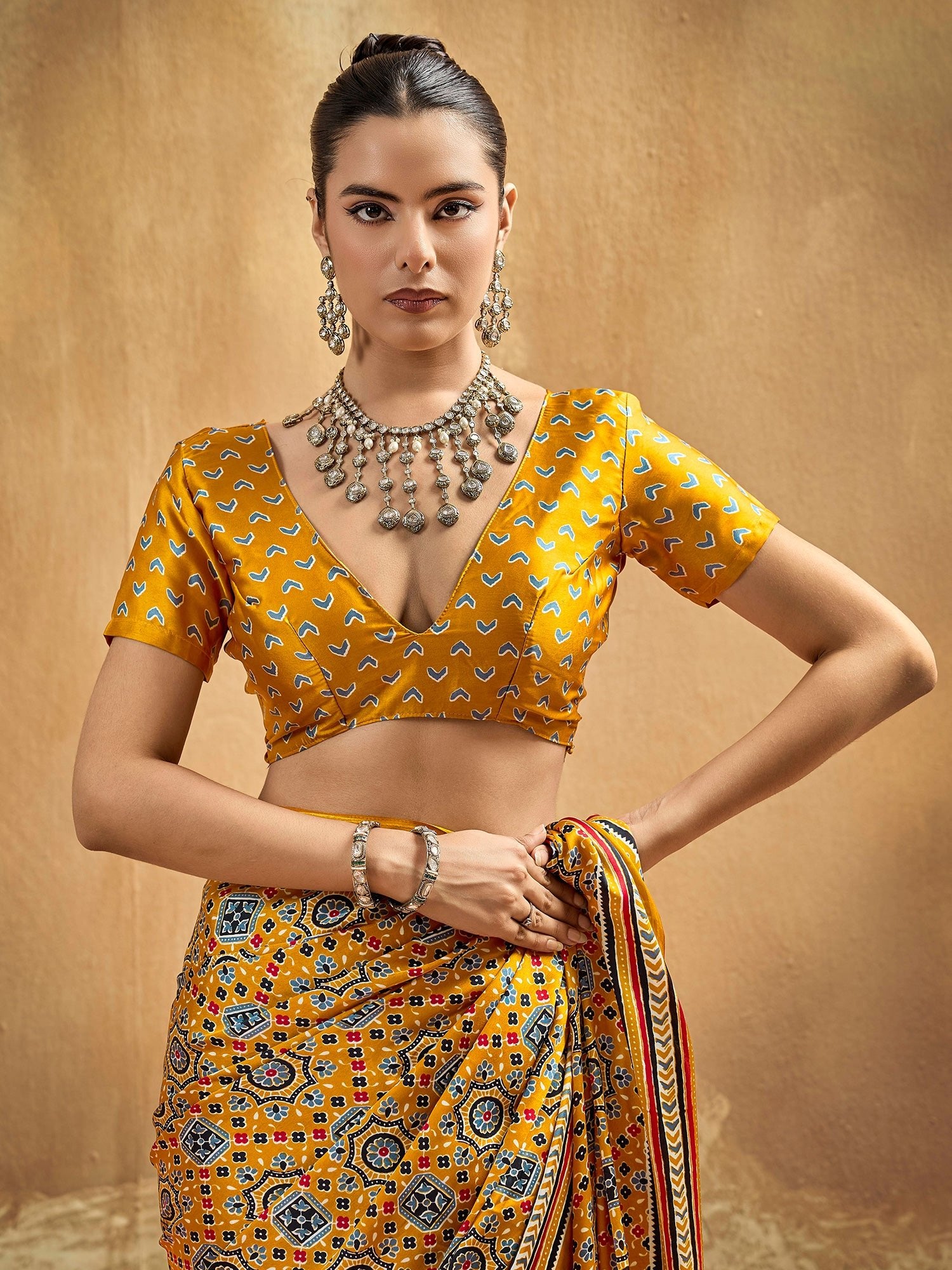 Mustard Yellow Ajrakh Print Satin Saree - Ressa