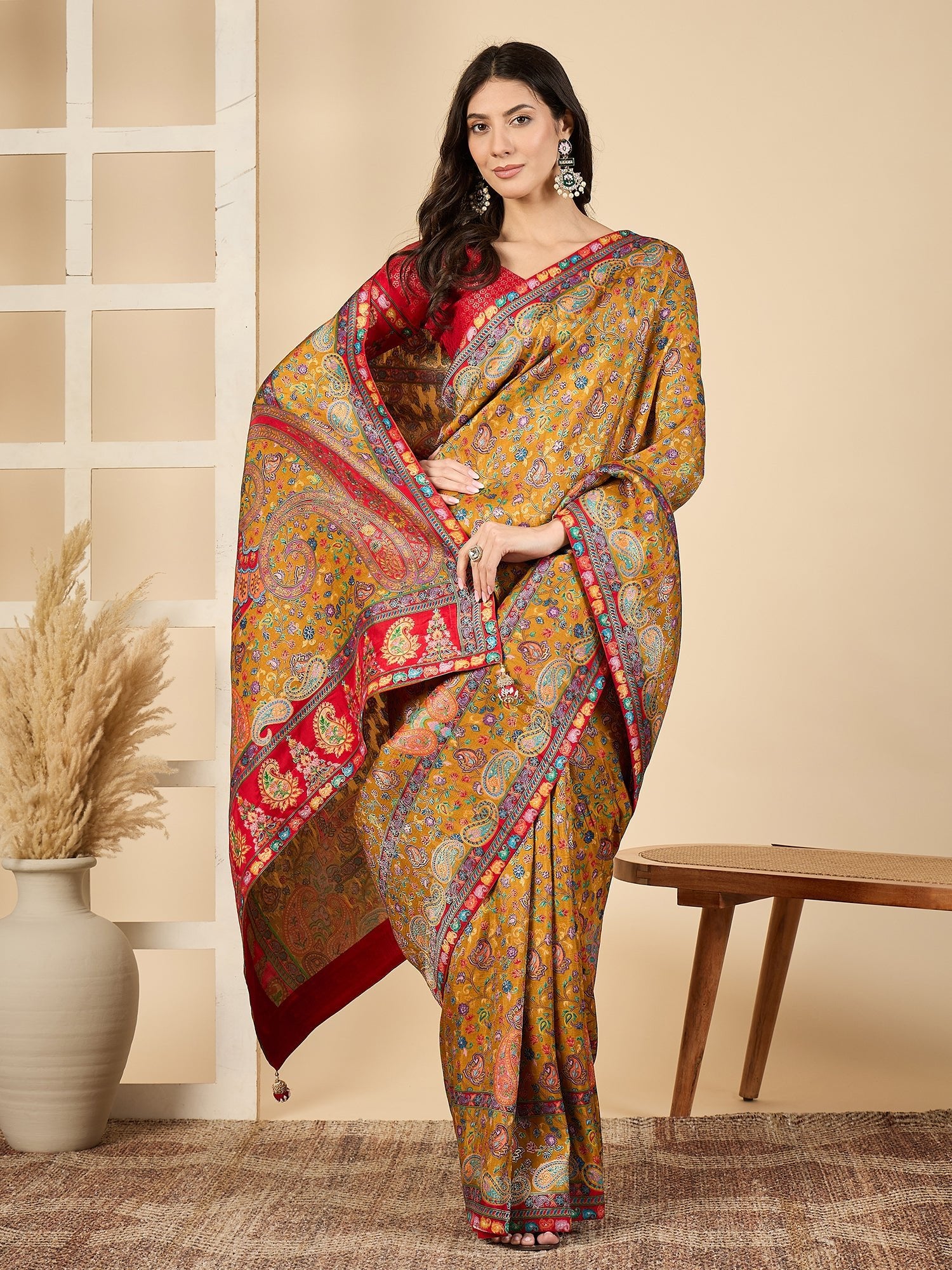 Mustard Yellow &amp; Red Silk Blend Floral Digital Print Zari Woven Border saree - Ressa