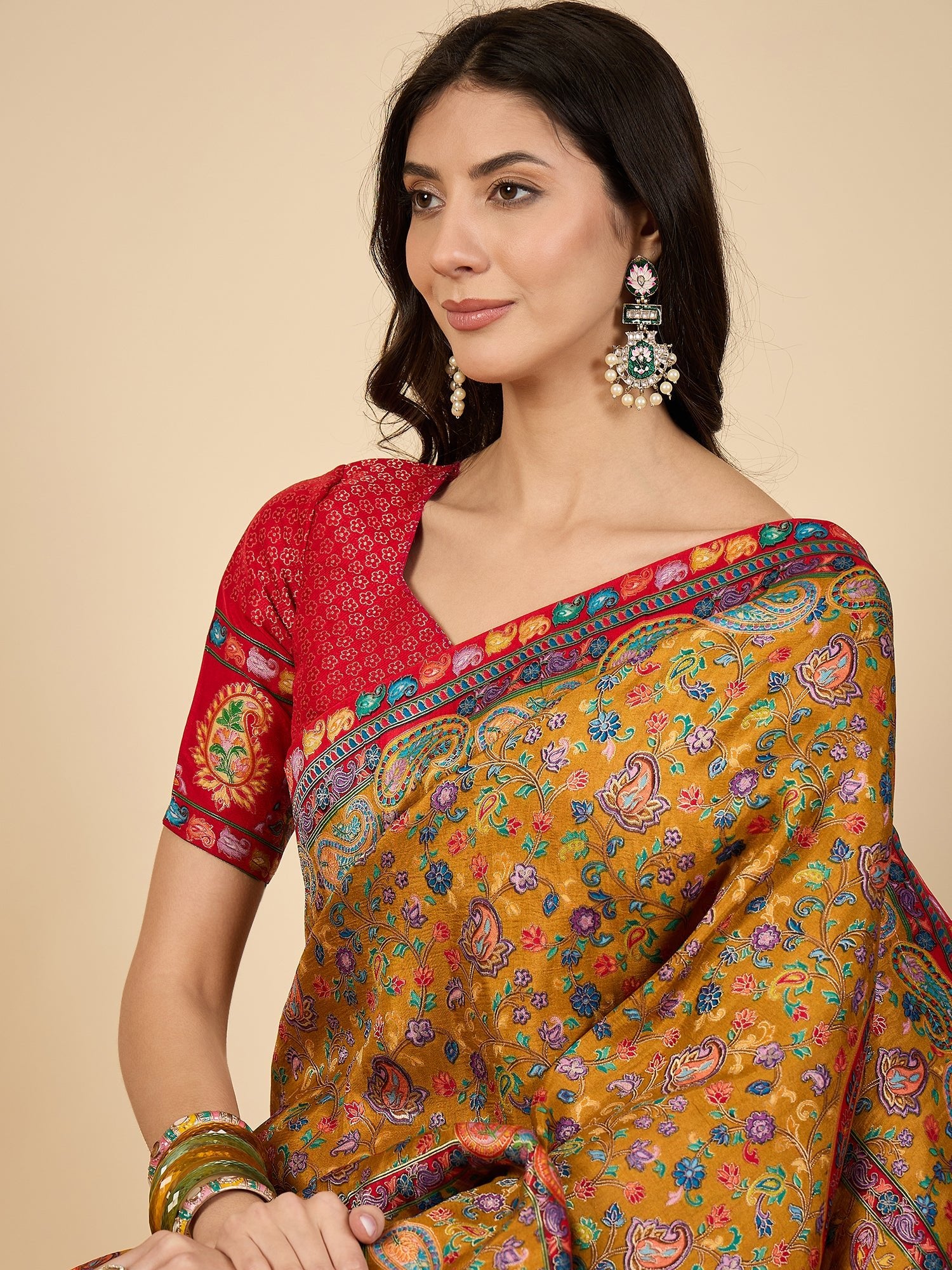Mustard Yellow &amp; Red Silk Blend Floral Digital Print Zari Woven Border saree - Ressa