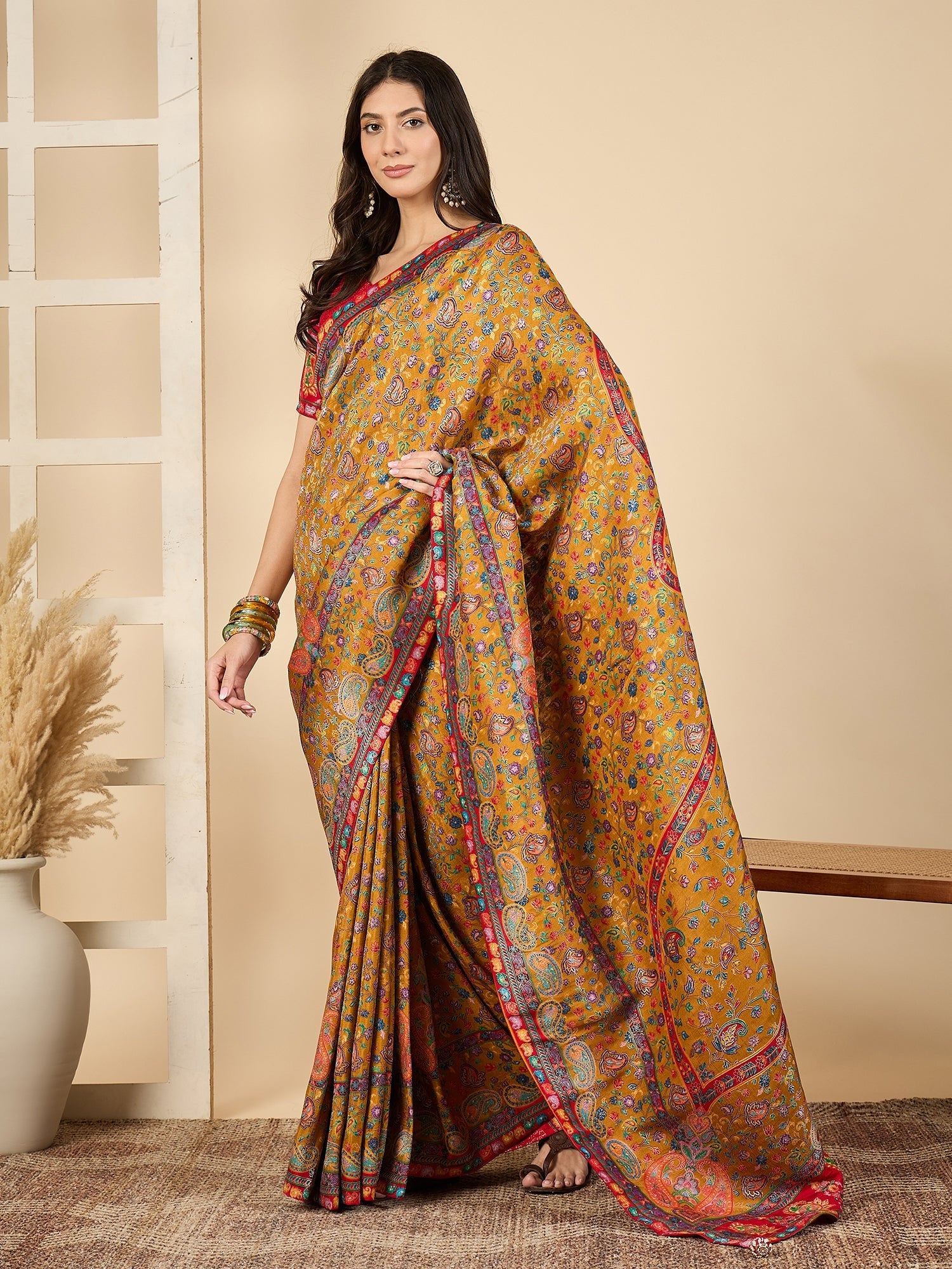 Mustard Yellow &amp; Red Silk Blend Floral Digital Print Zari Woven Border saree - Ressa
