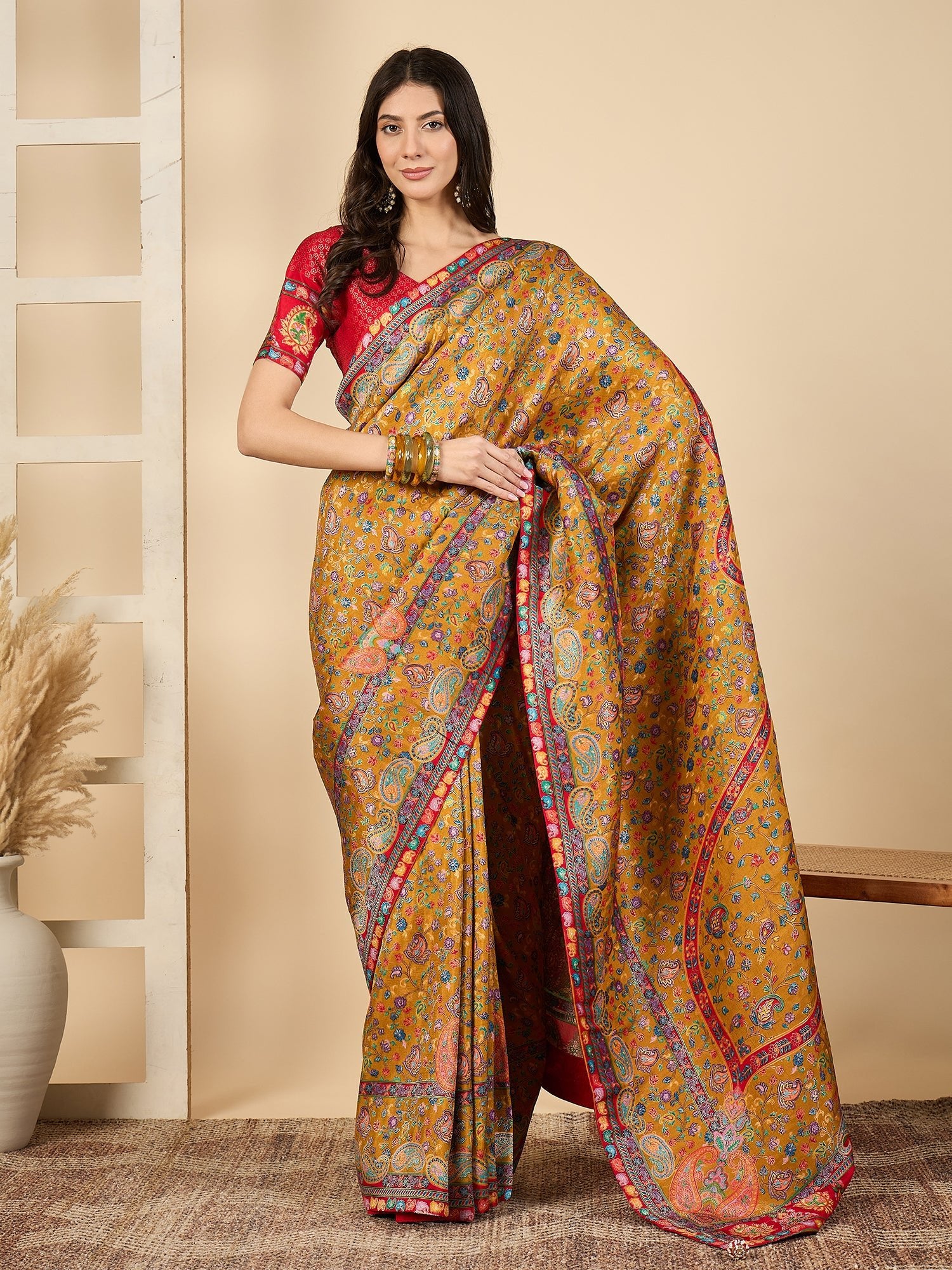 Mustard Yellow &amp; Red Silk Blend Floral Digital Print Zari Woven Border saree - Ressa