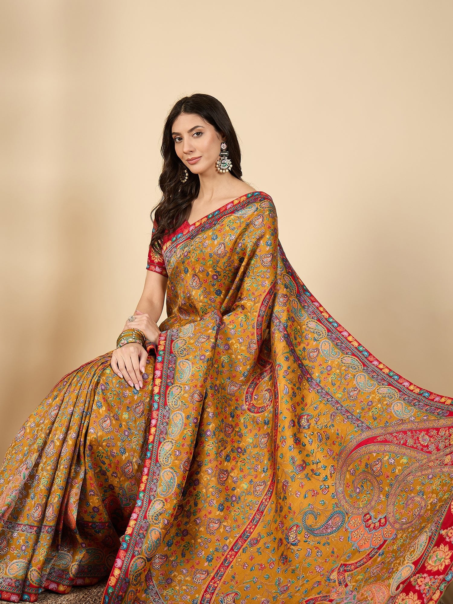 Mustard Yellow &amp; Red Silk Blend Floral Digital Print Zari Woven Border saree - Ressa