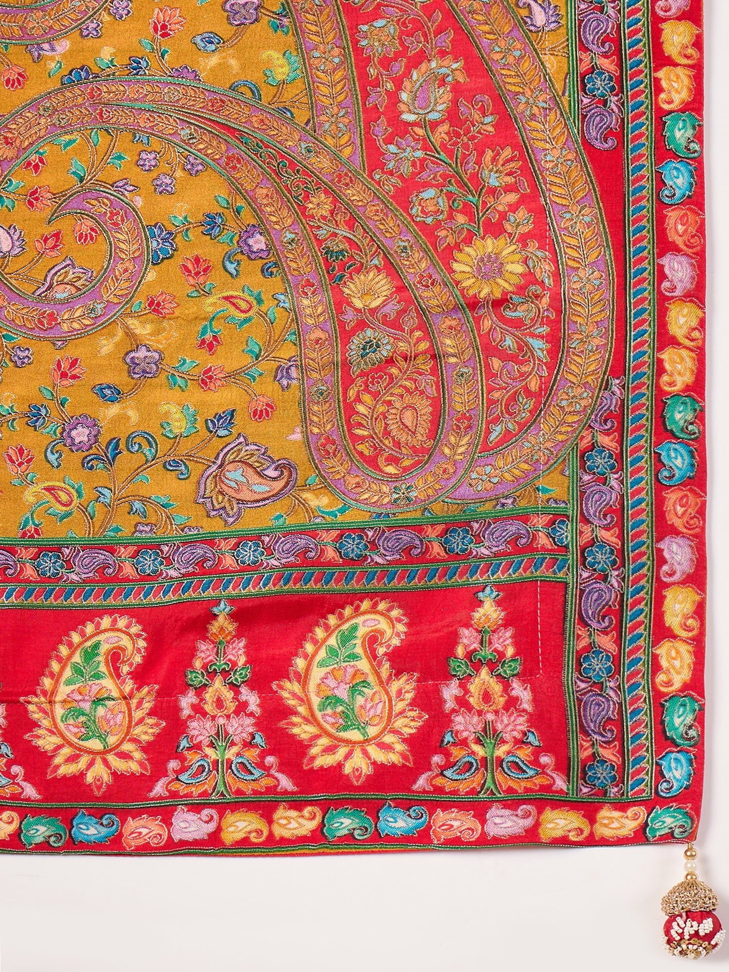 Mustard Yellow &amp; Red Silk Blend Floral Digital Print Zari Woven Border saree - Ressa