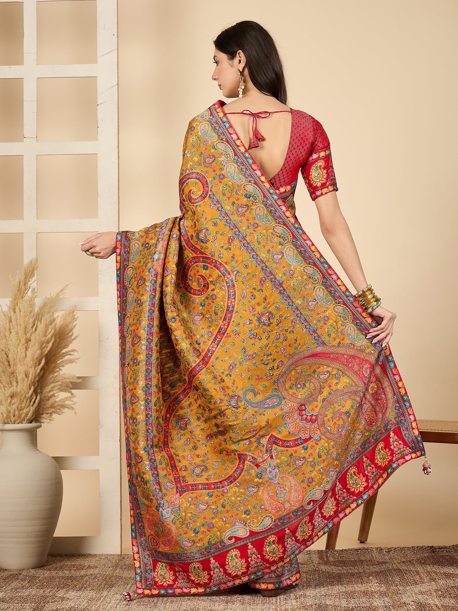 Mustard Yellow &amp; Red Silk Blend Floral Digital Print Zari Woven Border saree - Ressa