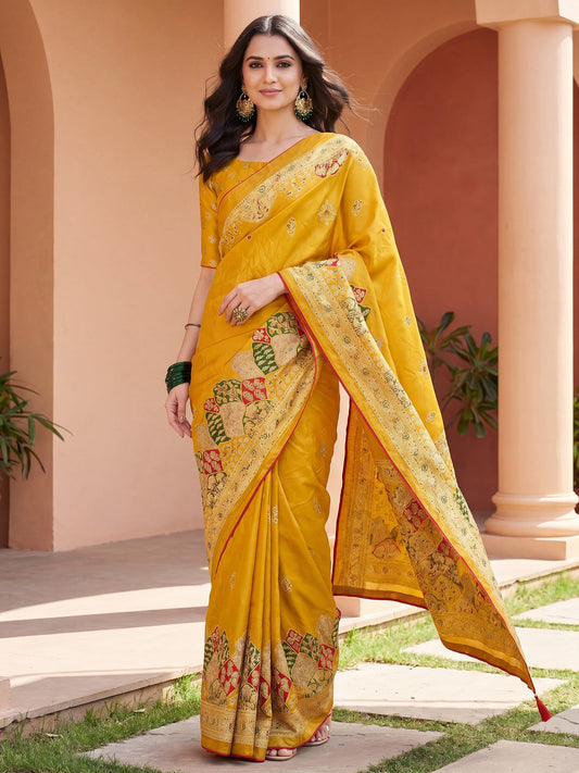Mustard Yellow Banarasi Silk Blend Saree - Ressa