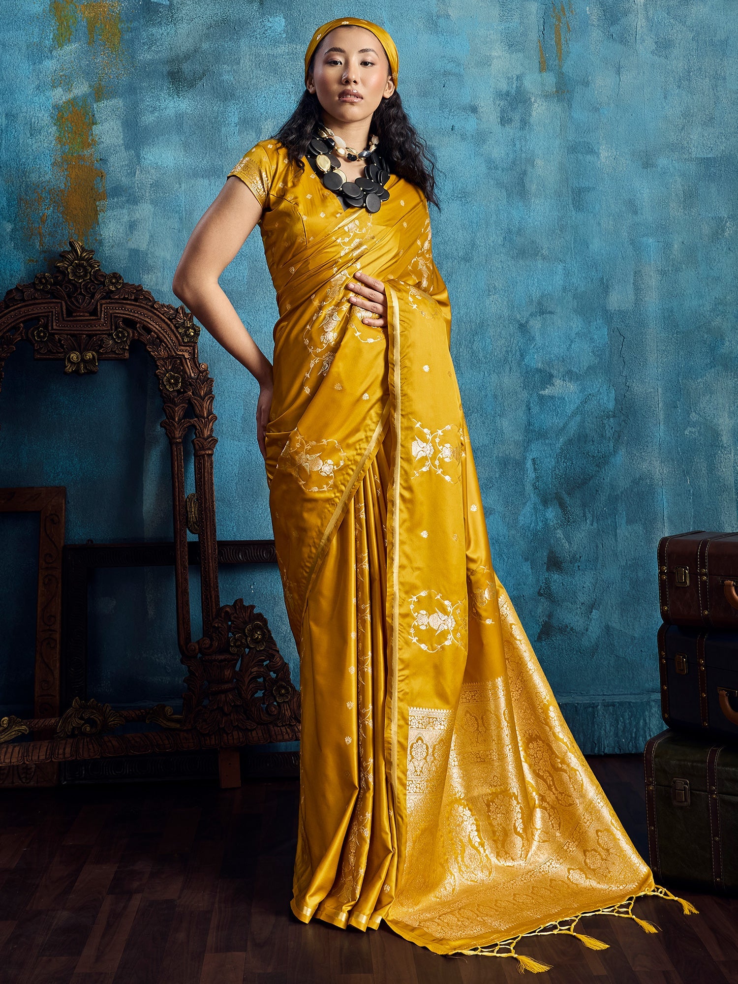 Mustard Yellow Banarasi Silk Saree with Heritage Motifs - Ressa