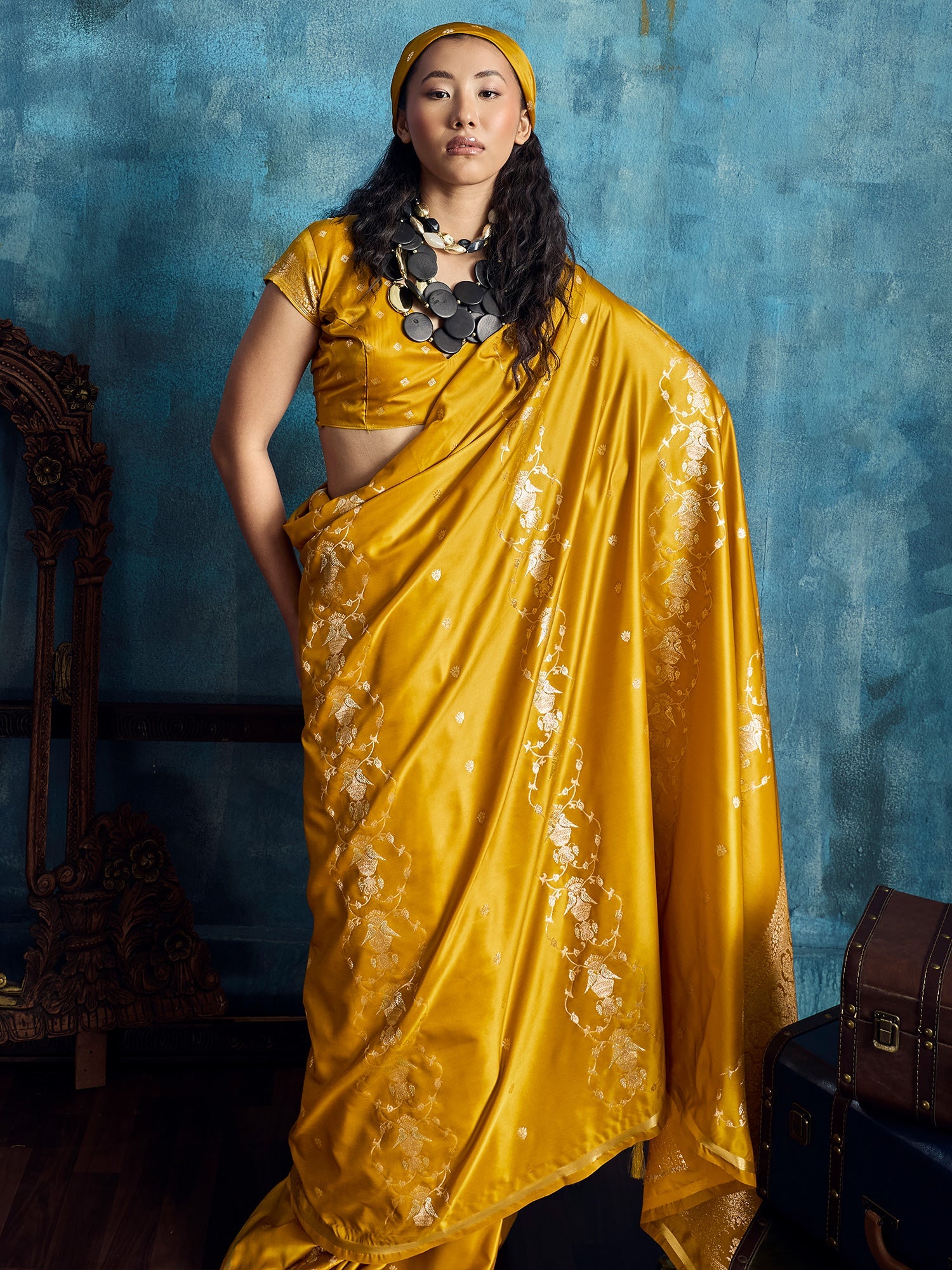 Mustard Yellow Banarasi Silk Saree with Heritage Motifs - Ressa