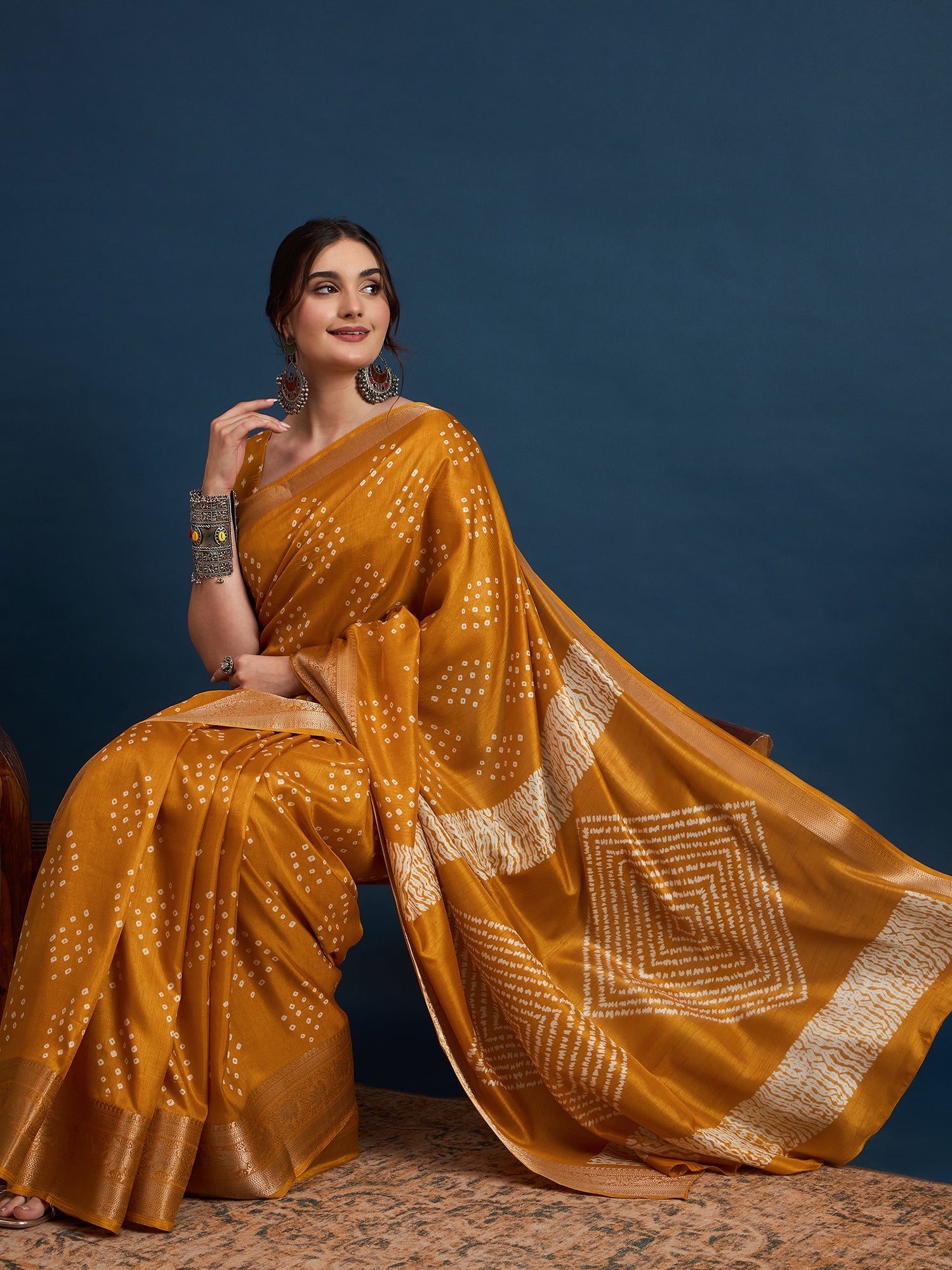 Mustard Yellow Bandhani Silk Saree - Ressa