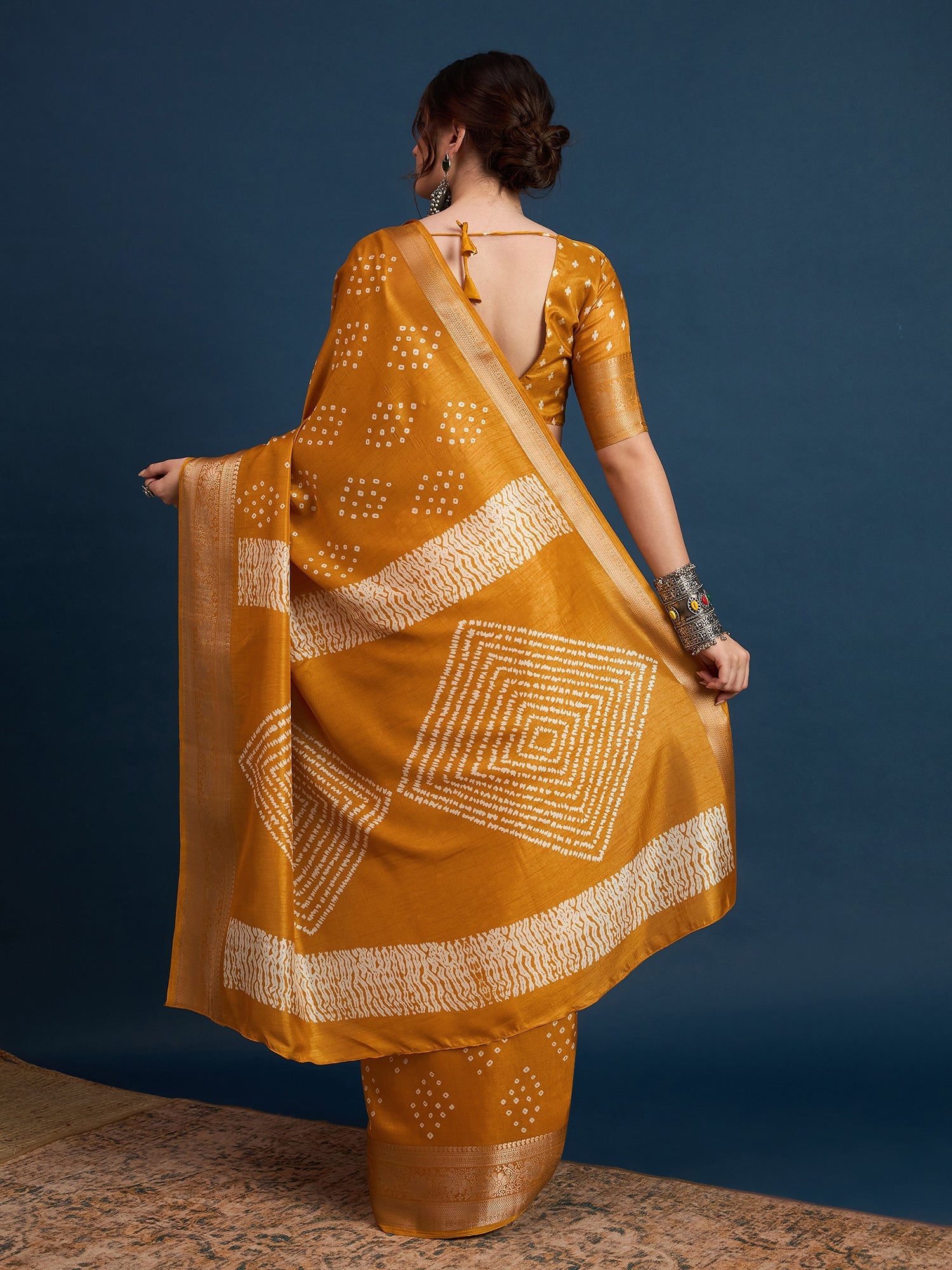 Mustard Yellow Bandhani Silk Saree - Ressa